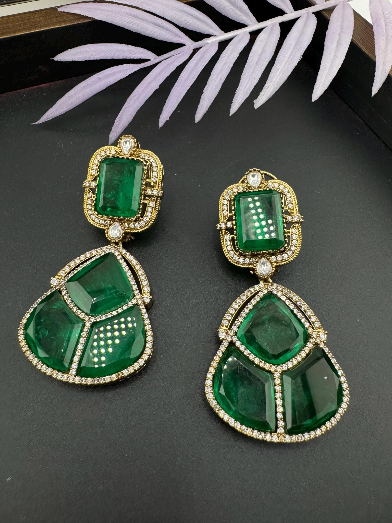 Premium Green Doublet earrings with Cubic Zirconia and kundan designer Chandelier earrings