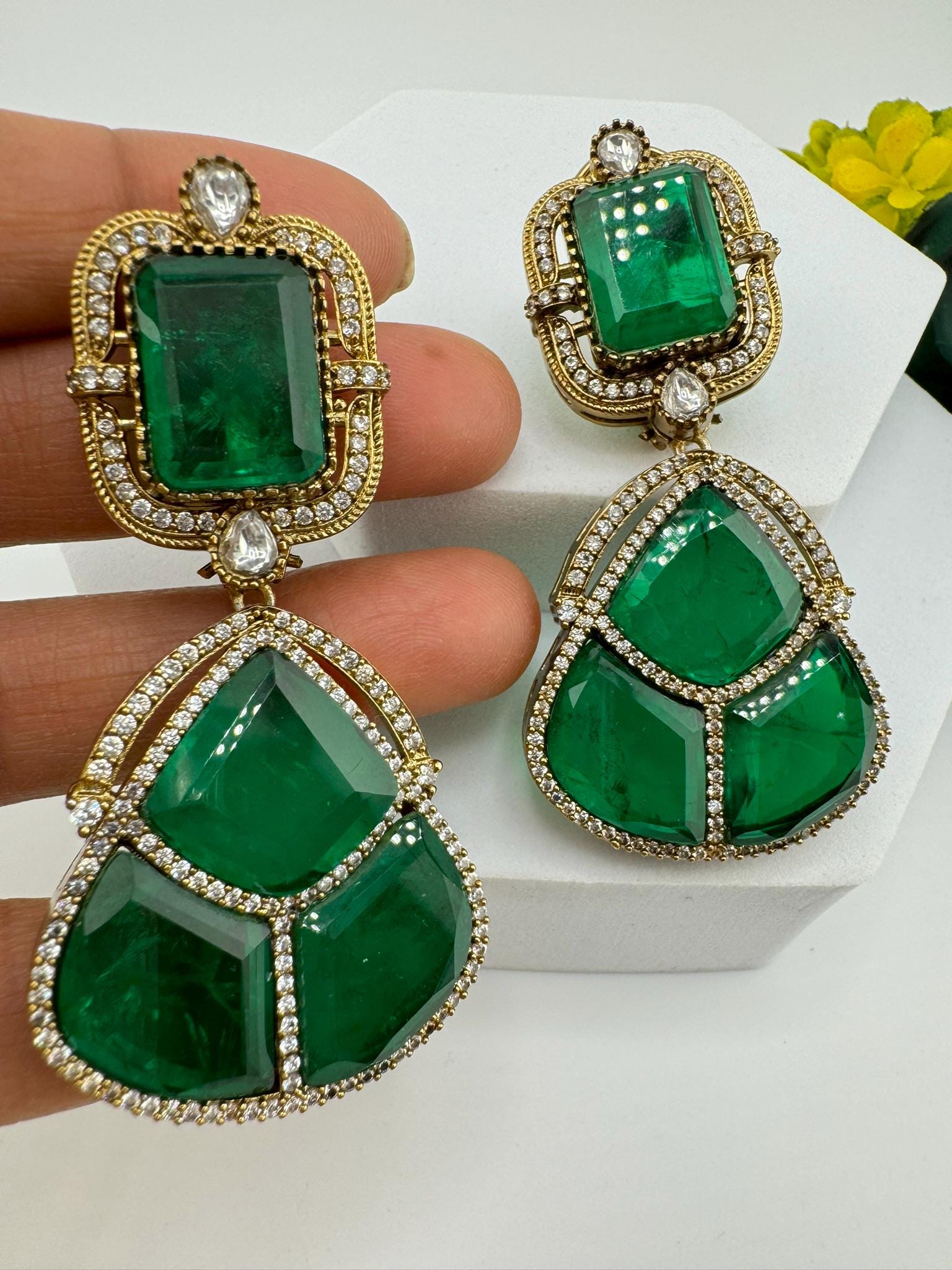 Premium Green Doublet and glass stones earrings with Moissanite kundan, CZ details designer Chandelier earring/Indian earring/Bridal Jewelry