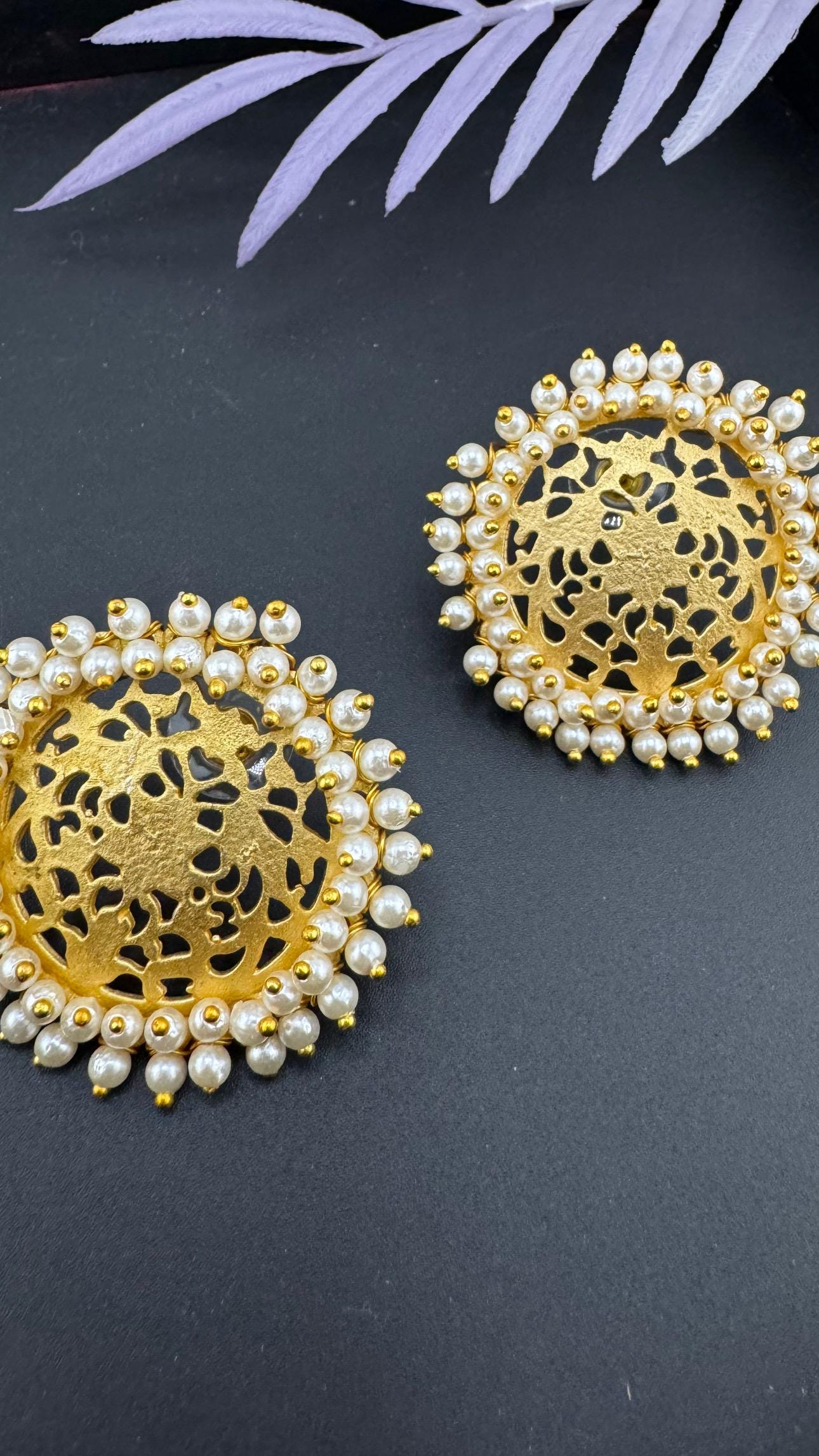 High Quality Premium Gold details and Pearls edges designer stud earring/Big Stud earring/Statement jewelry/Matt gold studs/Indian Earrings