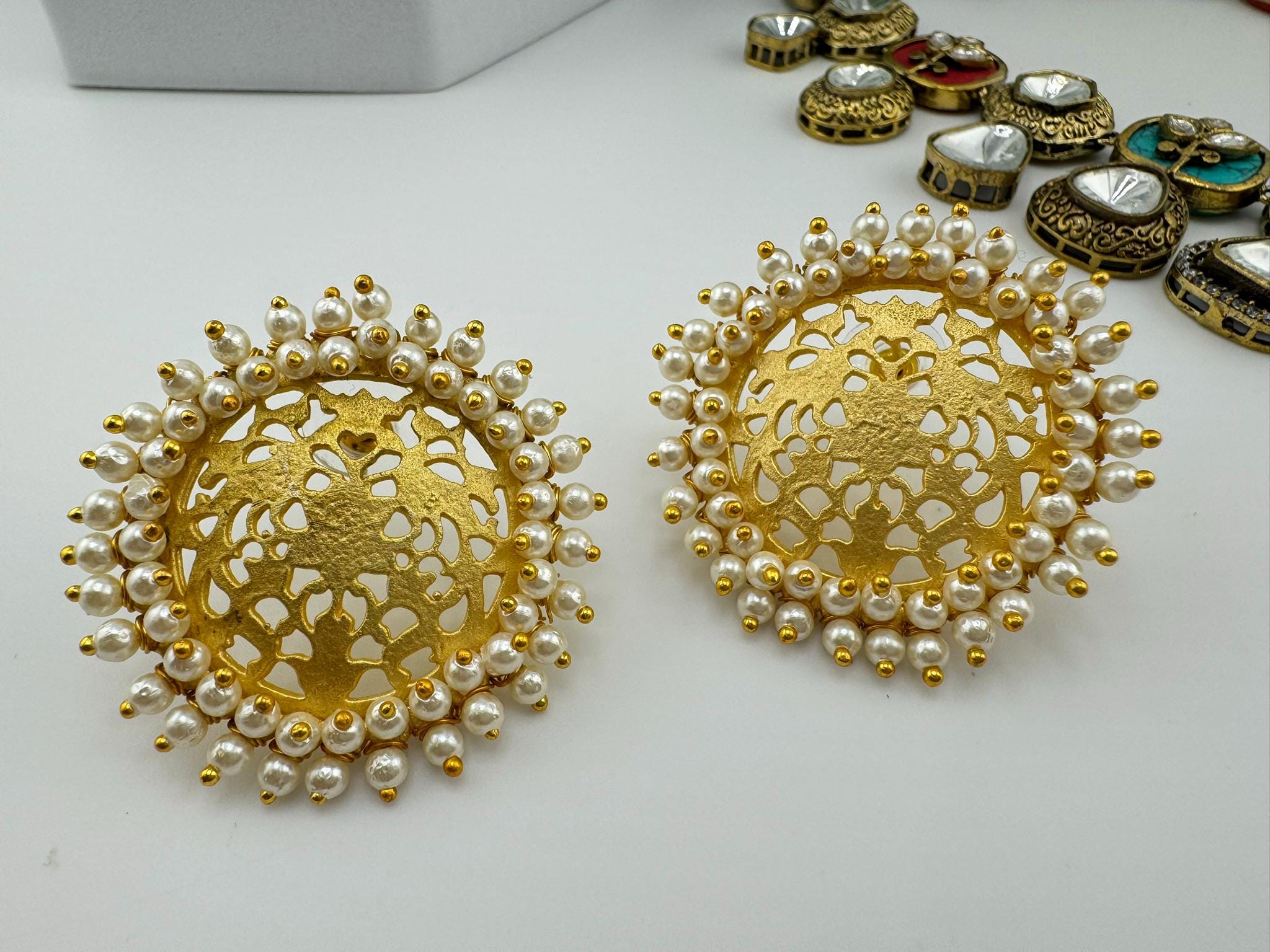 High Quality Premium Gold details and Pearls edges designer stud earring/Big Stud earring/Statement jewelry/Matt gold studs/Indian Earrings