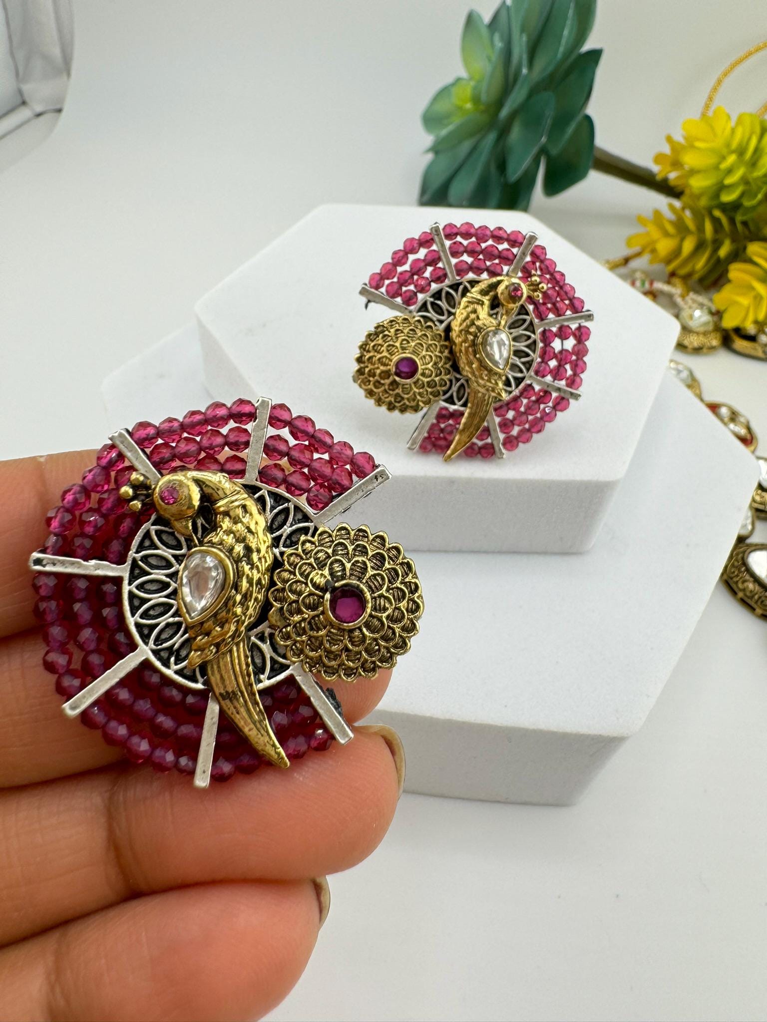 Amrapali inspired Premium designer stud earrings with Purple Beads and Peacock detailing