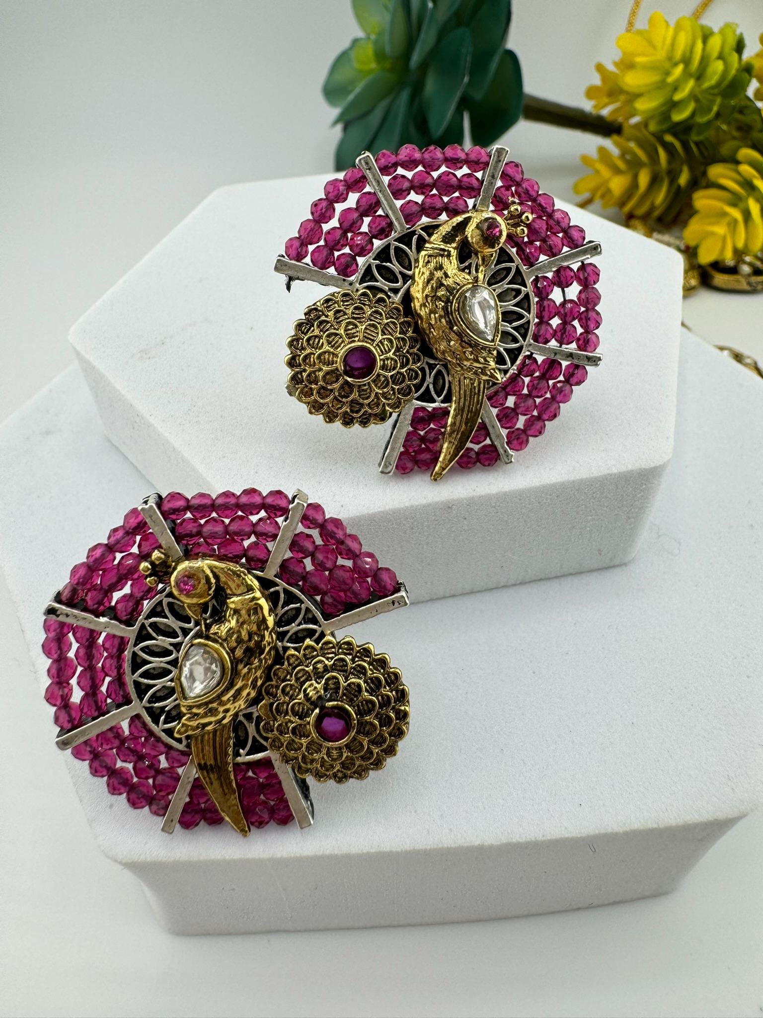 High Quality Premium Wine/Purple Onyx Beads peacock detailed, Amrapali inspired designer stud earring/Big Stud earring/Matt Gold Big studs