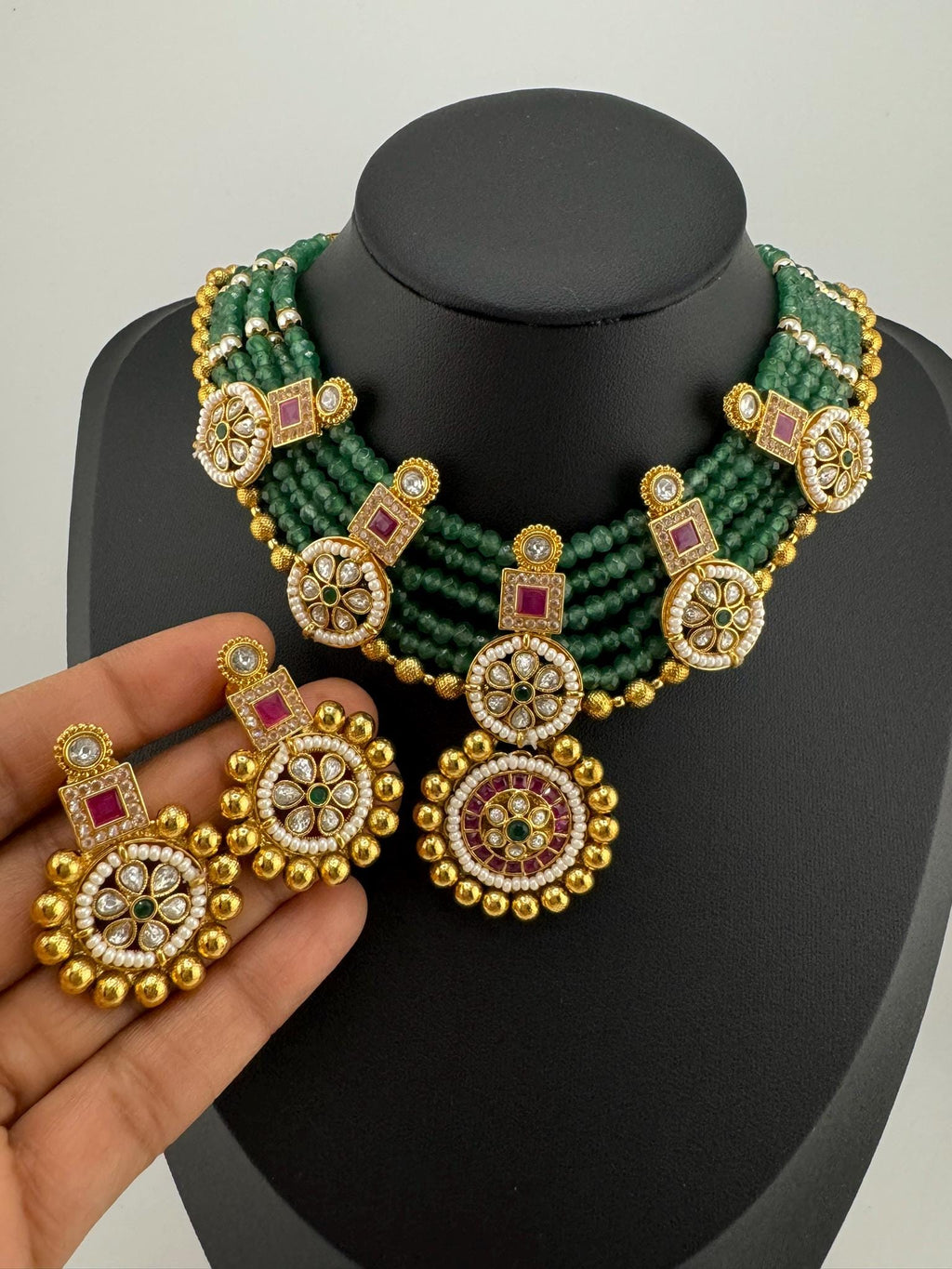Amrapali Inspired Premium Rajwadi Neacklace set with Kundan, onyx beads in Matt Gold, Rani Haar