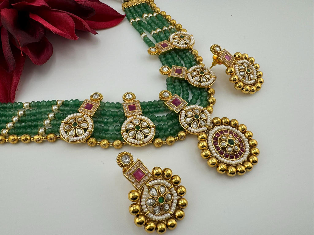 Amrapali Inspired Premium Rajwadi Neacklace set with Kundan, onyx beads in Matt Gold, Rani Haar