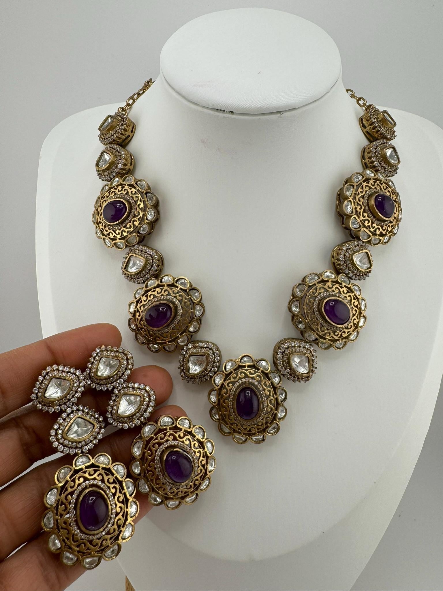 Amrapali inspired Premium fusion Necklace set in Moissanite, uncut Kundan, CZ and Doublet stones in matt gold finish with earrings