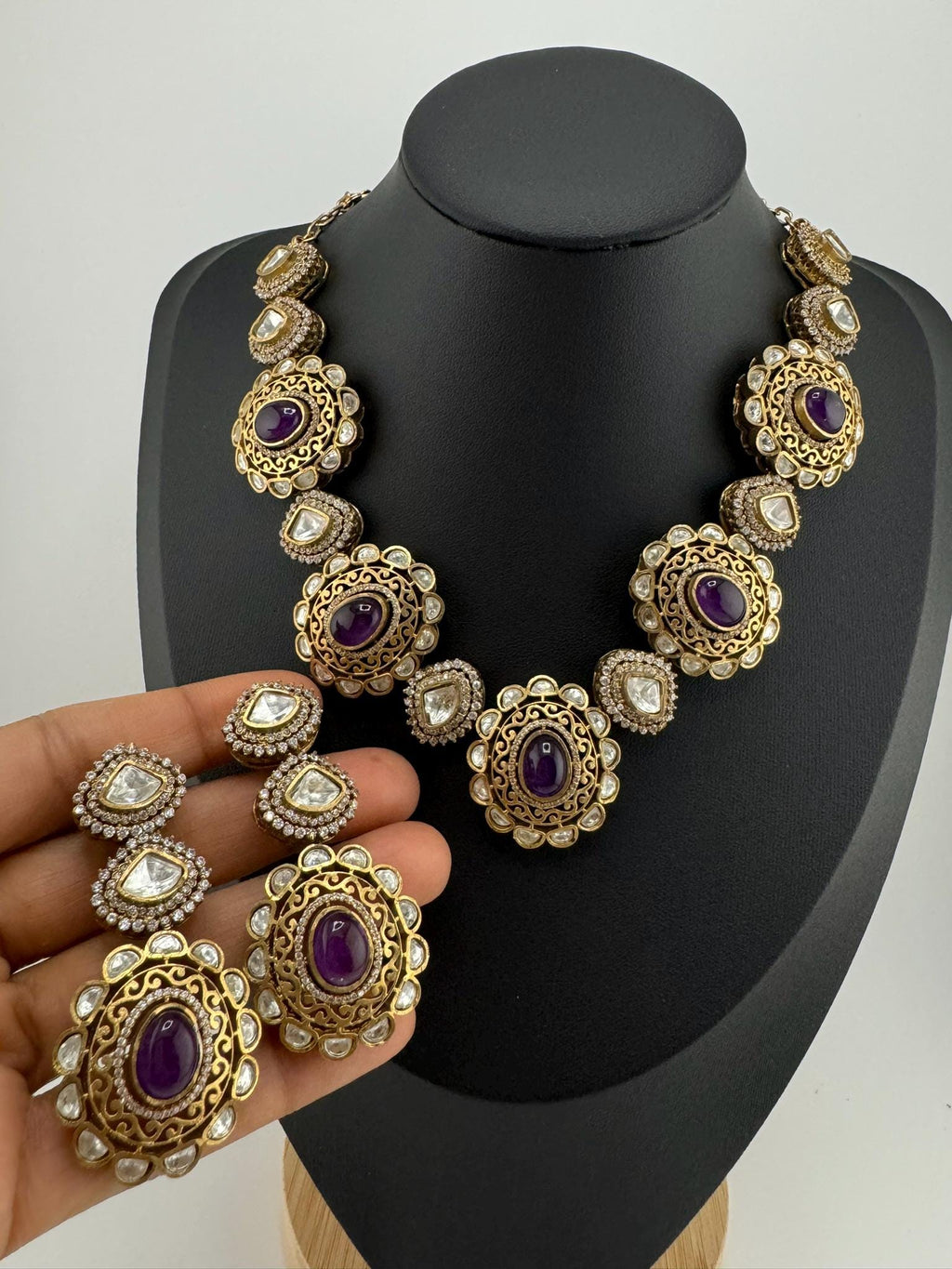 Amrapali inspired Premium fusion Necklace set in Moissanite, uncut Kundan, CZ and Doublet stones in matt gold finish with earrings