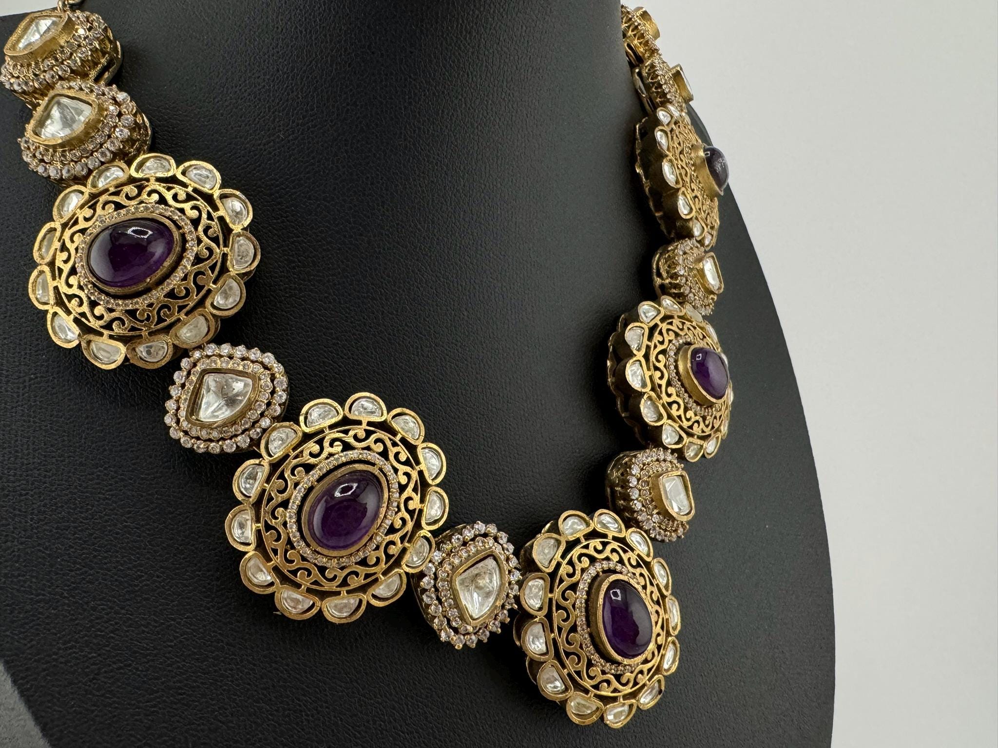 Amrapali inspired Premium fusion Necklace set in Moissanite, uncut Kundan, CZ and Doublet stones in matt gold finish with earrings