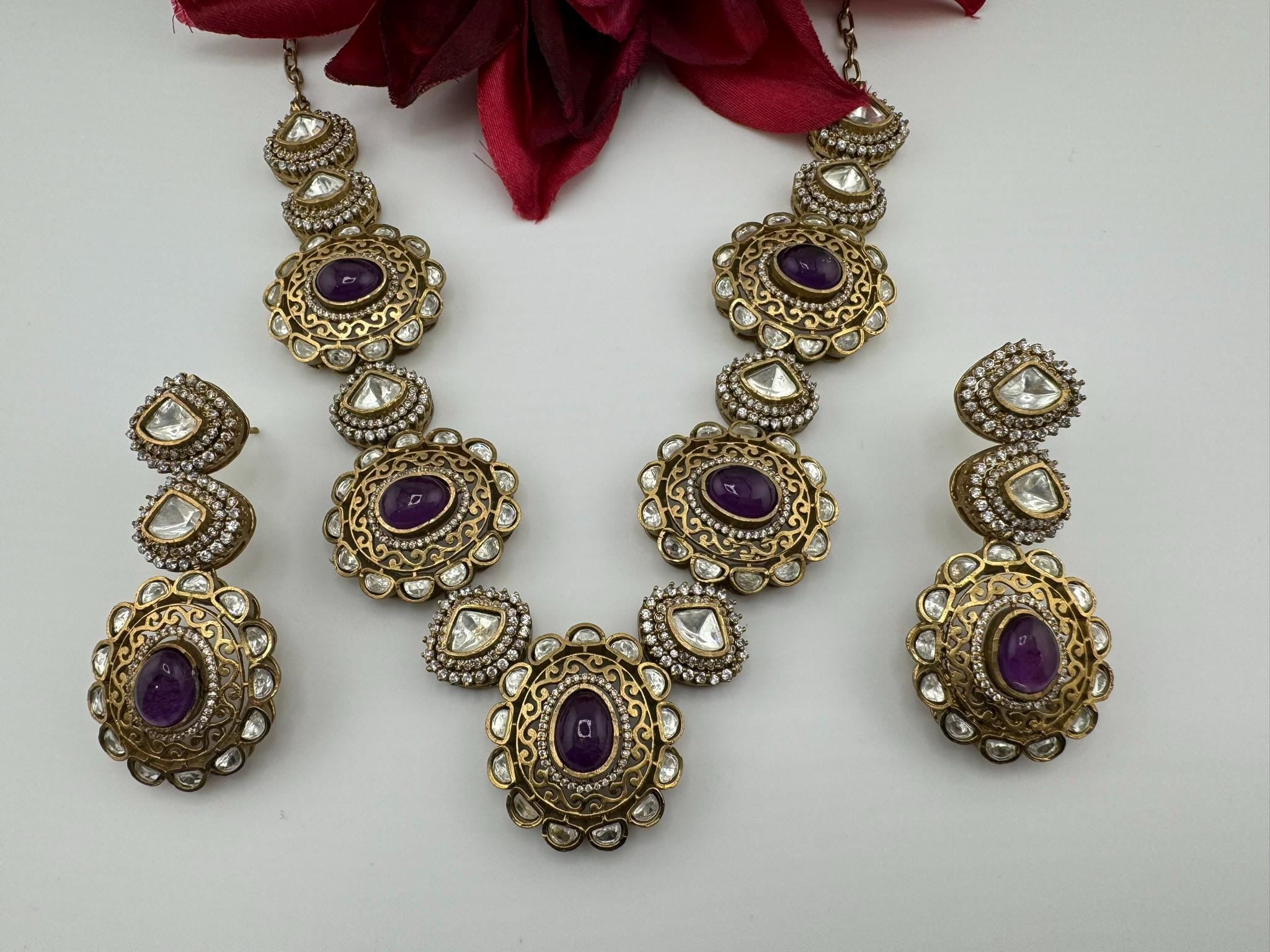 Amrapali inspired Premium fusion Necklace set in Moissanite, uncut Kundan, CZ and Doublet stones in matt gold finish with earrings