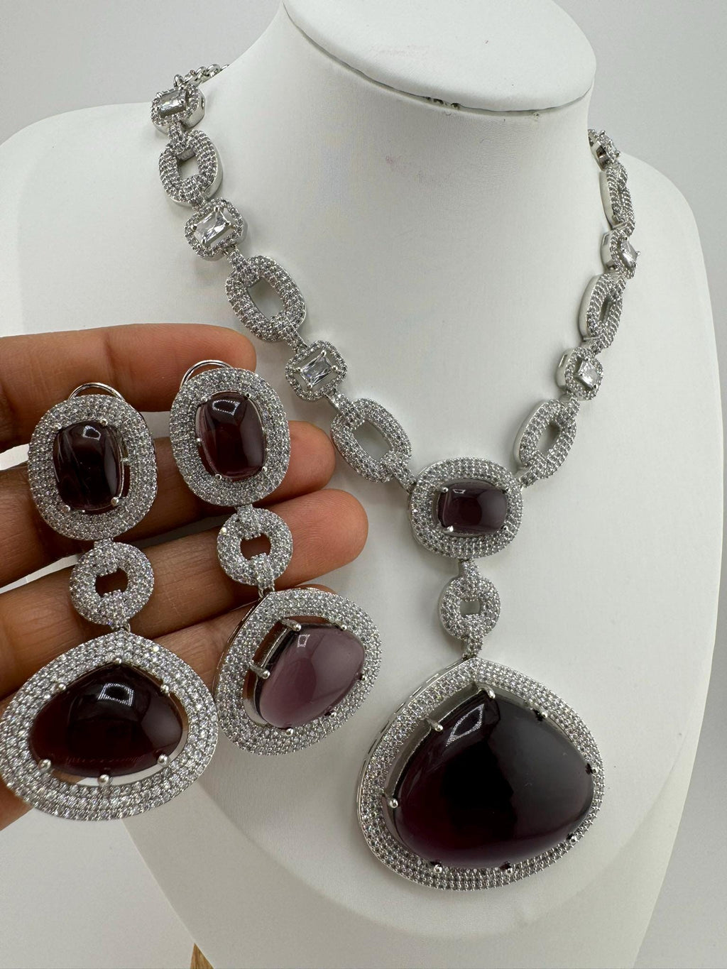 Premium Long necklace in Cubic Zirconia and Wine doublet stones Necklace set with long earrings