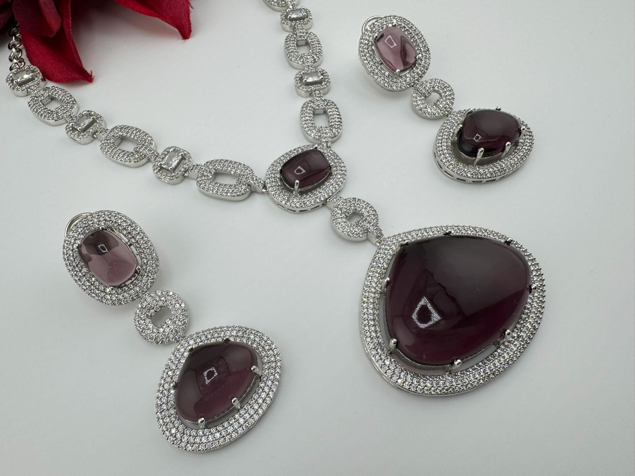 Premium Long necklace in Cubic Zirconia and Wine doublet stones Necklace set with long earrings