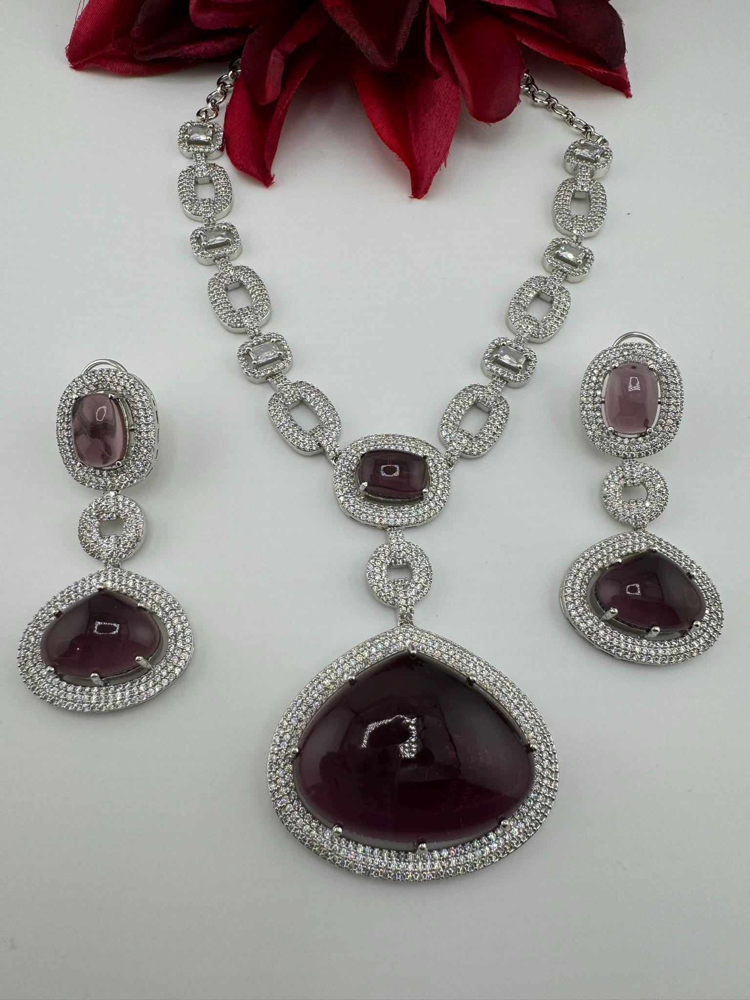 Premium Long necklace in Cubic Zirconia and Wine doublet stones Necklace set with long earrings