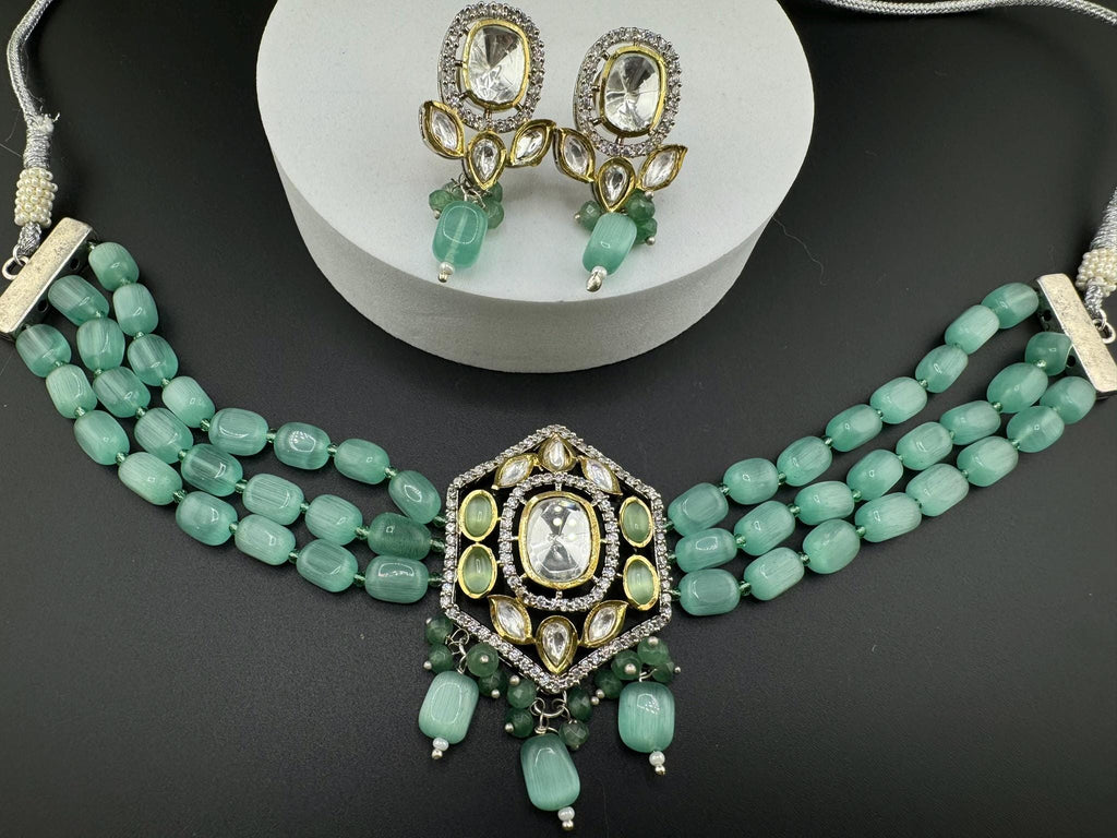 Tyaani Inspired Premium Fusion necklace with HQ Kundan, onyx beads and natural stones