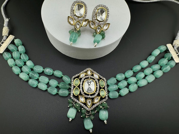 Tyaani Inspired Premium Fusion necklace with HQ Kundan, onyx beads and natural stones