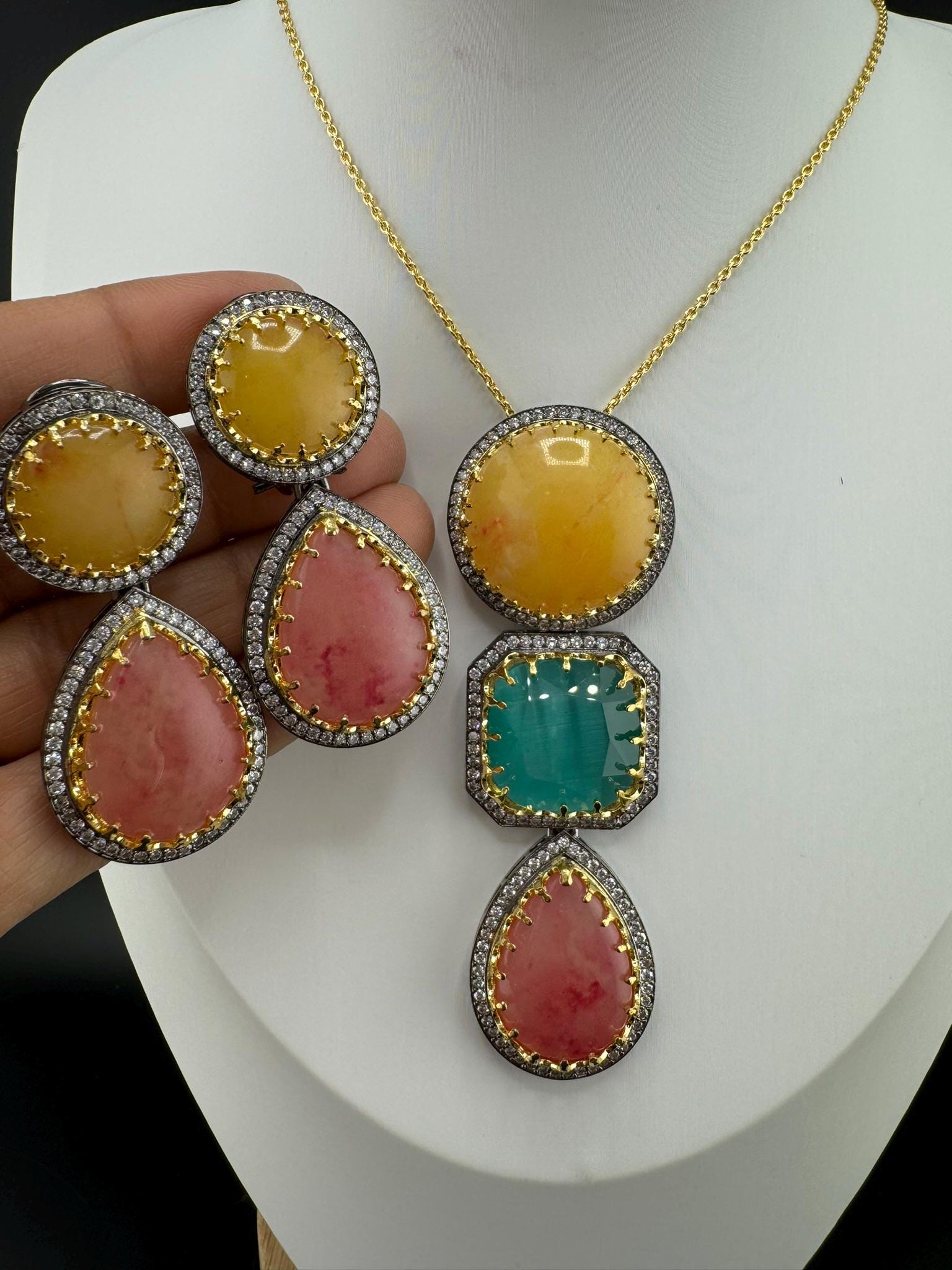 Sabyasachi Inspired Premium doublet stone, CZ, natural stones Pendant set with long earrings