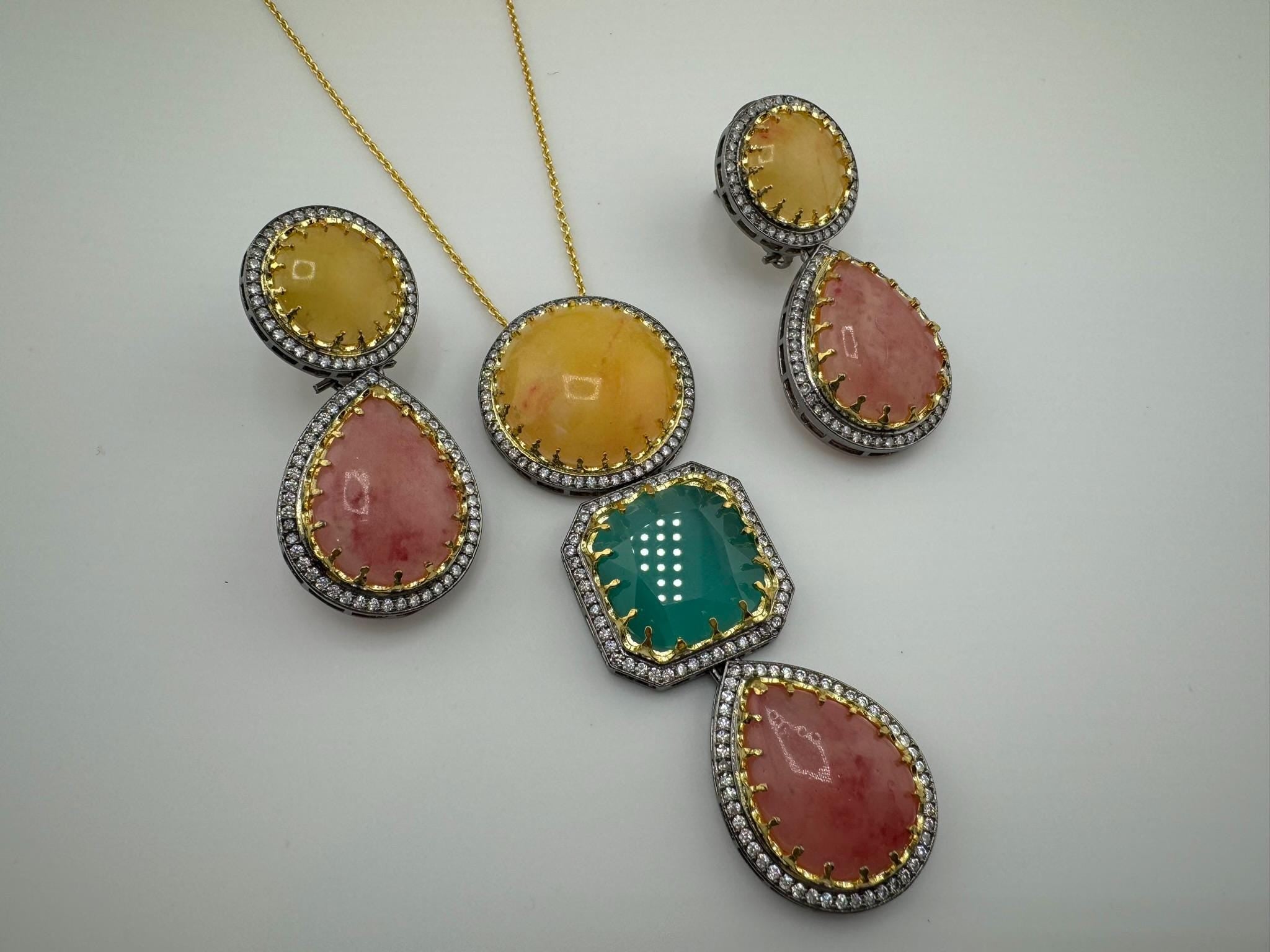 Sabyasachi Inspired Premium doublet stone, CZ, natural stones Pendant set with long earrings