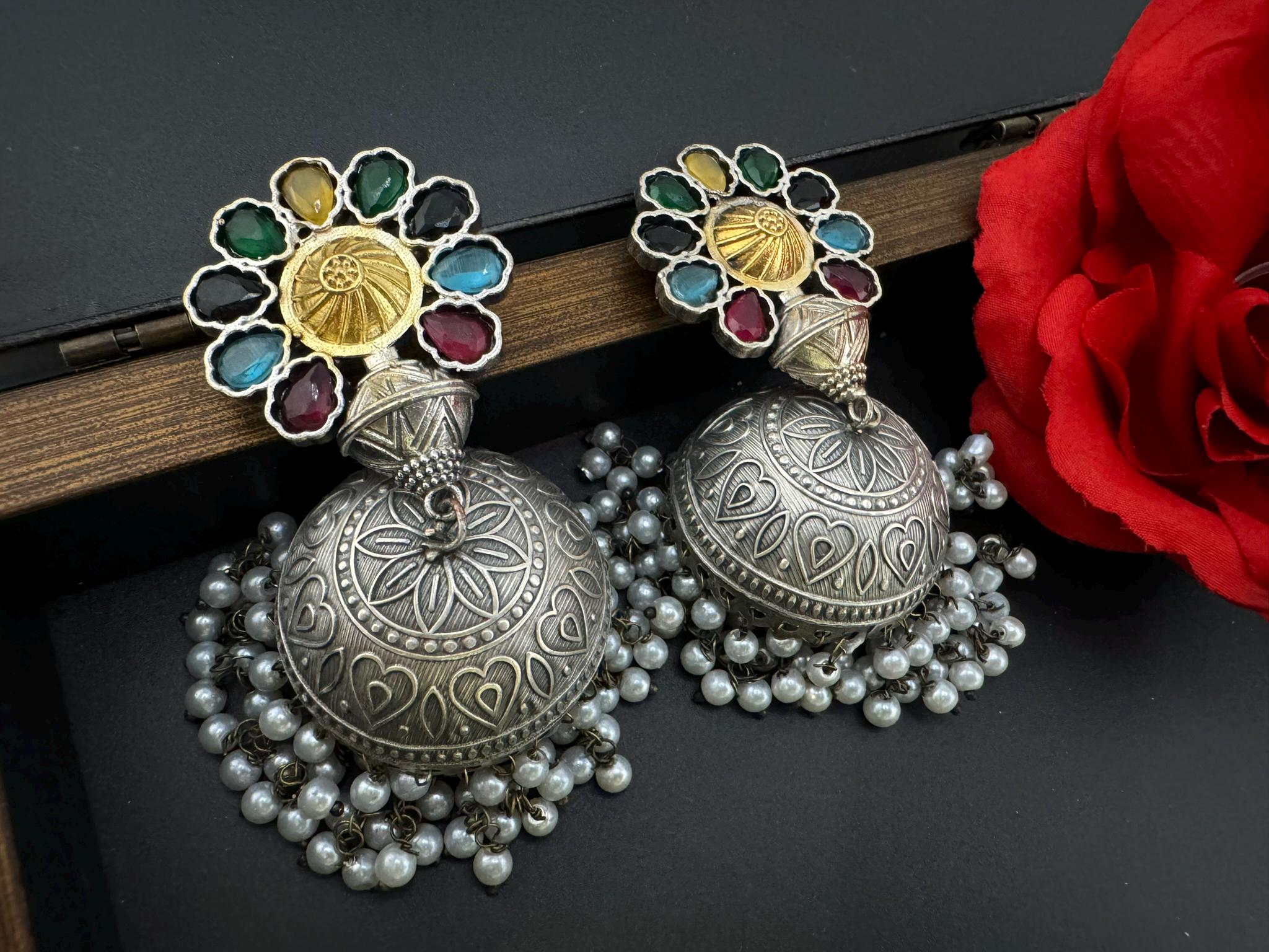 Silver Polish Premium Oxidized earrings Antique looking multicolor big Jhumka in natural stones, pearls/Indian Earring/Statement jewelry