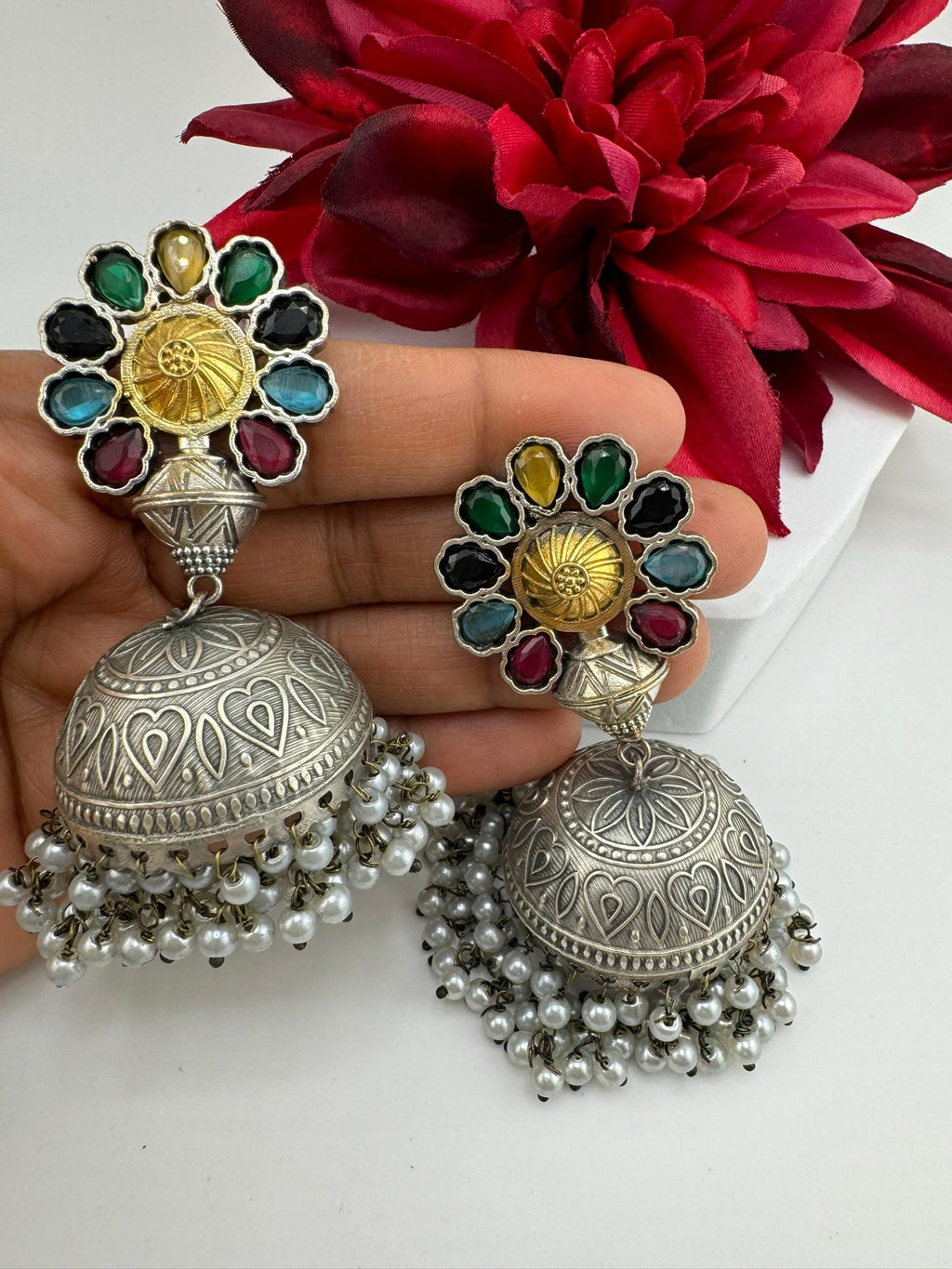 Silver Polish Premium Oxidized earrings Antique looking multicolor big Jhumka in natural stones, pearls/Indian Earring/Statement jewelry
