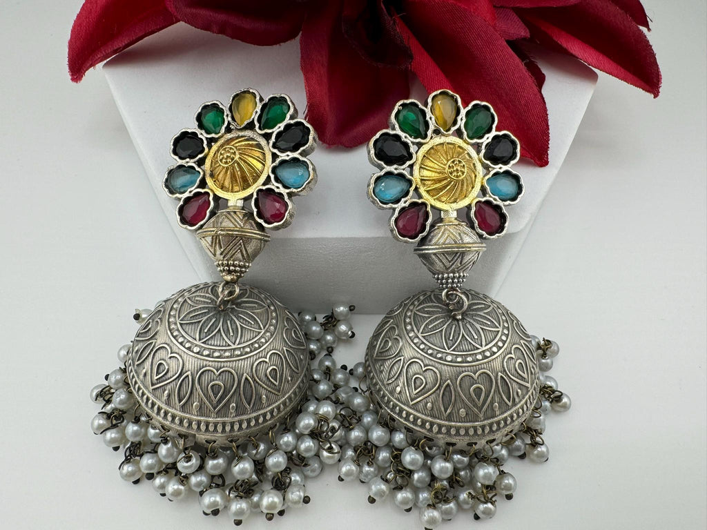 Silver Polish Premium Oxidized earrings Antique looking multicolor big Jhumka in natural stones, pearls/Indian Earring/Statement jewelry