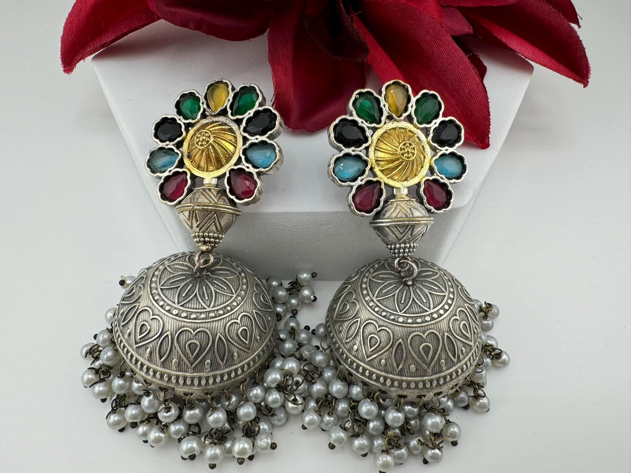 Silver Polish Premium Oxidized earrings Antique looking multicolor big Jhumka in natural stones, pearls/Indian Earring/Statement jewelry