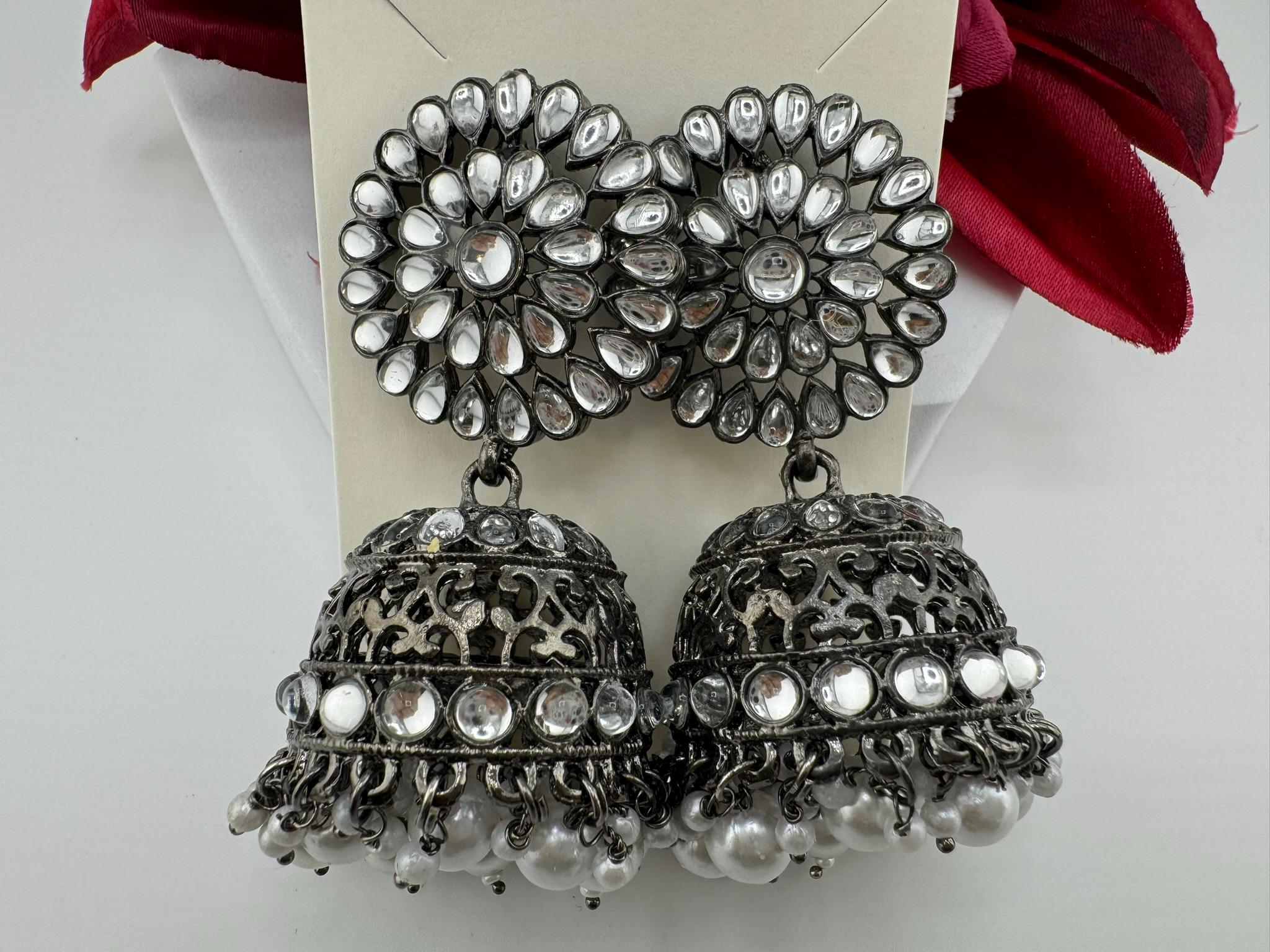 Dark Polish Oxidized earrings Antique looking Jhumka with stones, pearls/Indian Earring/Statement jewelry/Bridal earring/carved brass kundan