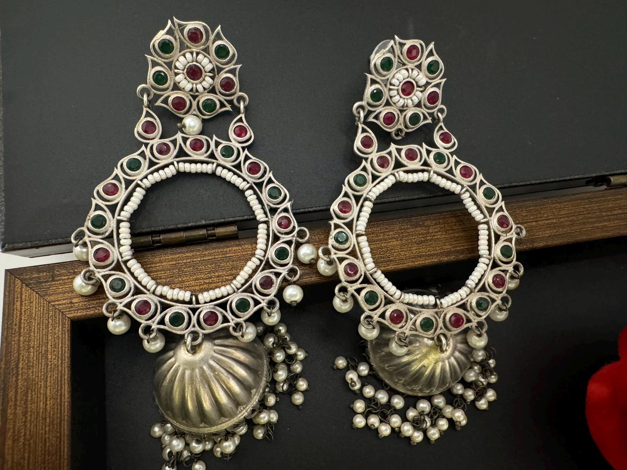 German Silver Oxidized long Oversized Jhumka earrings with multicolor stones
