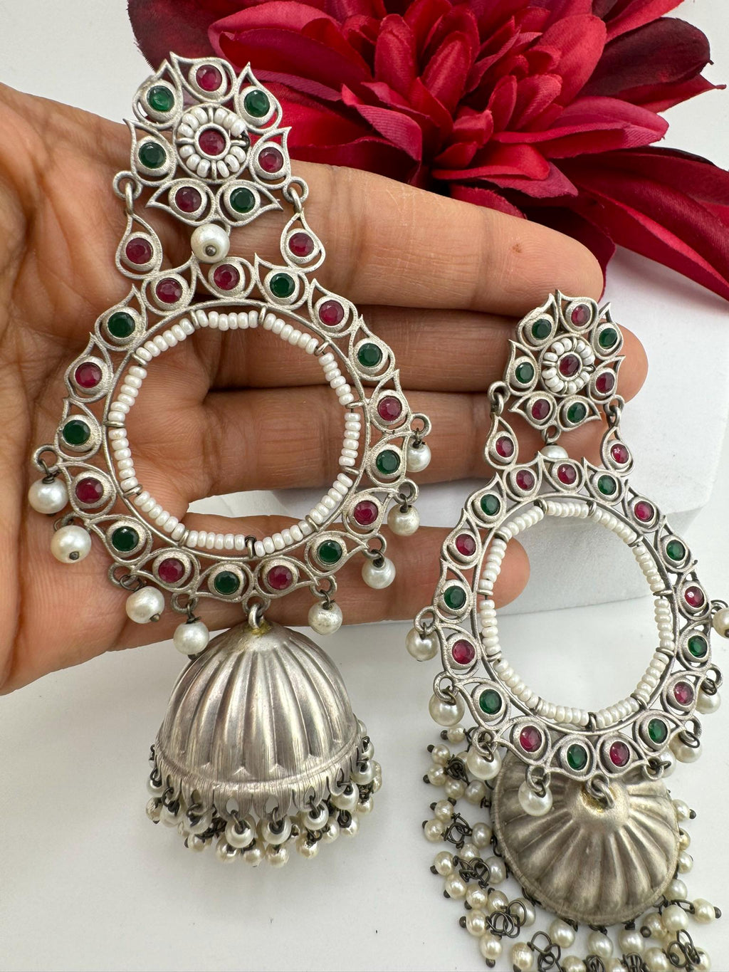 German Silver Oxidized long Oversized Jhumka earrings with multicolor stones