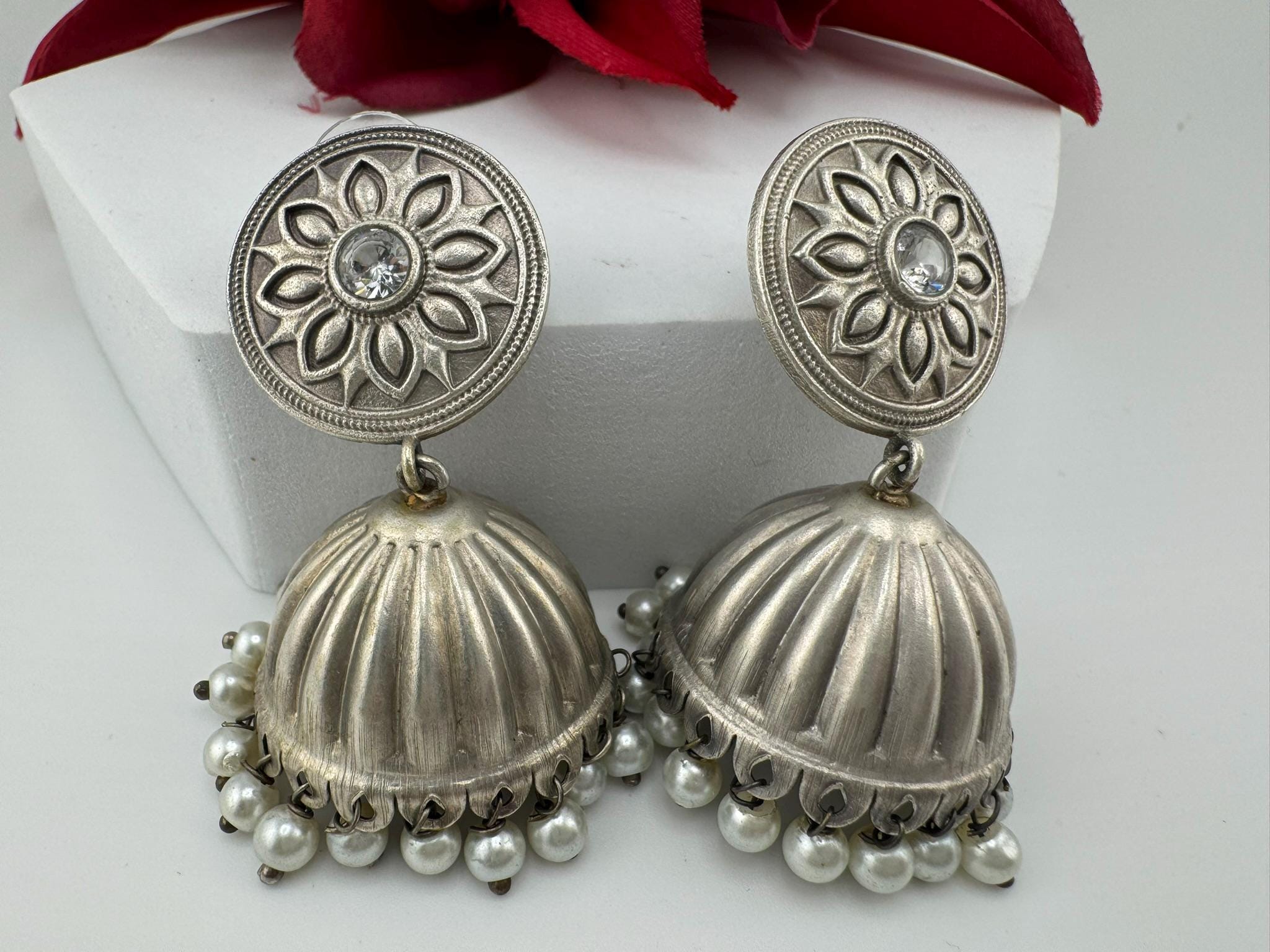 Silver Polish Premium Oxidized Jhumka earrings with CZ stone, pearls
