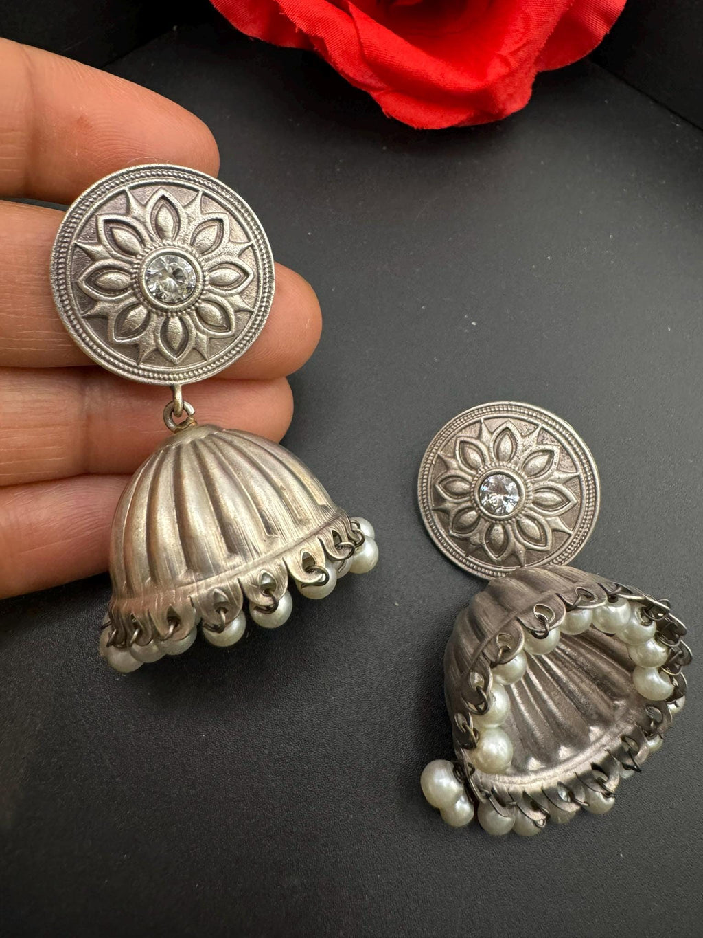 Silver Polish Premium Oxidized Jhumka earrings with CZ stone, pearls