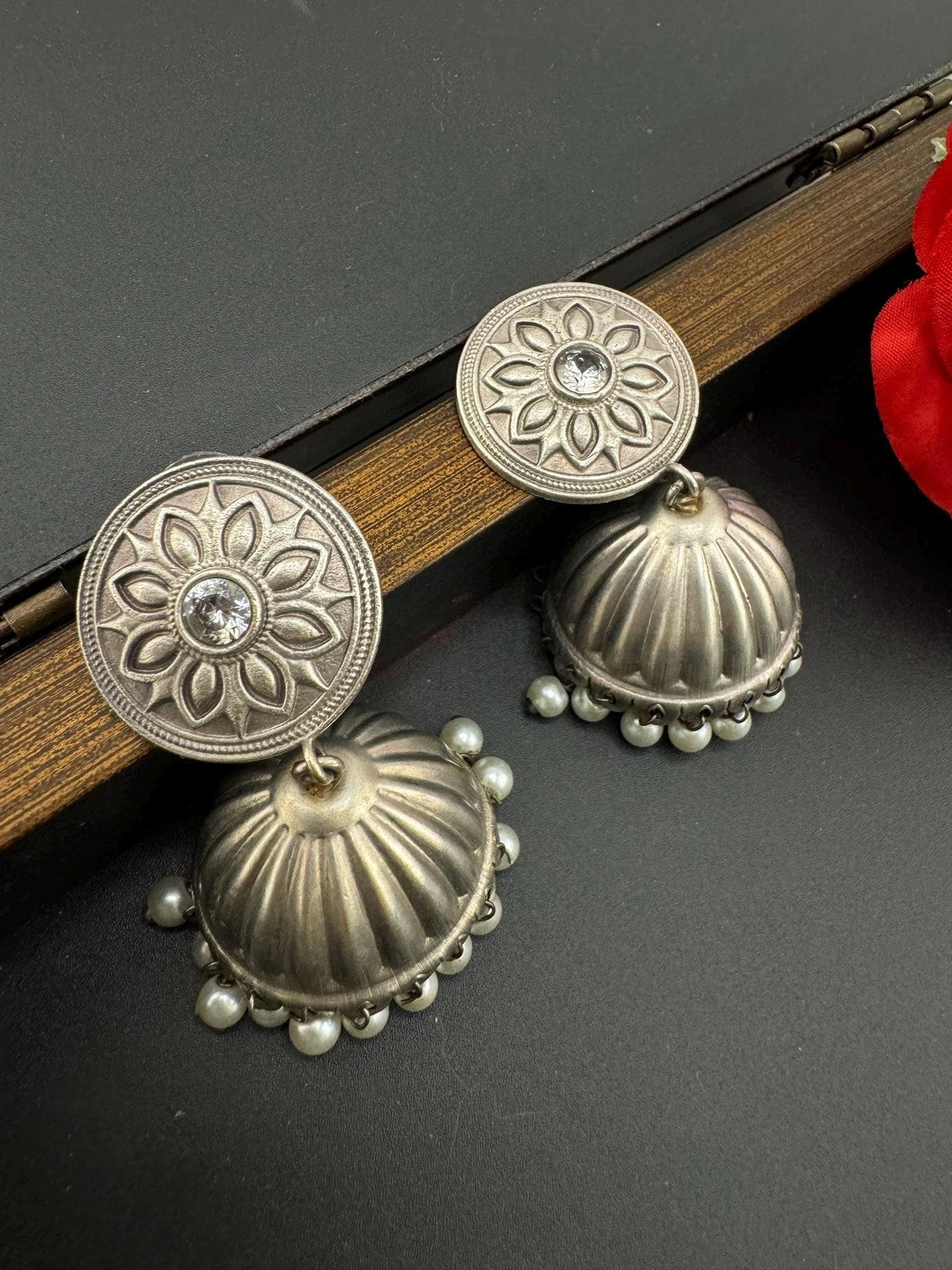 Silver Polish Premium Oxidized Jhumka earrings with CZ stone, pearls