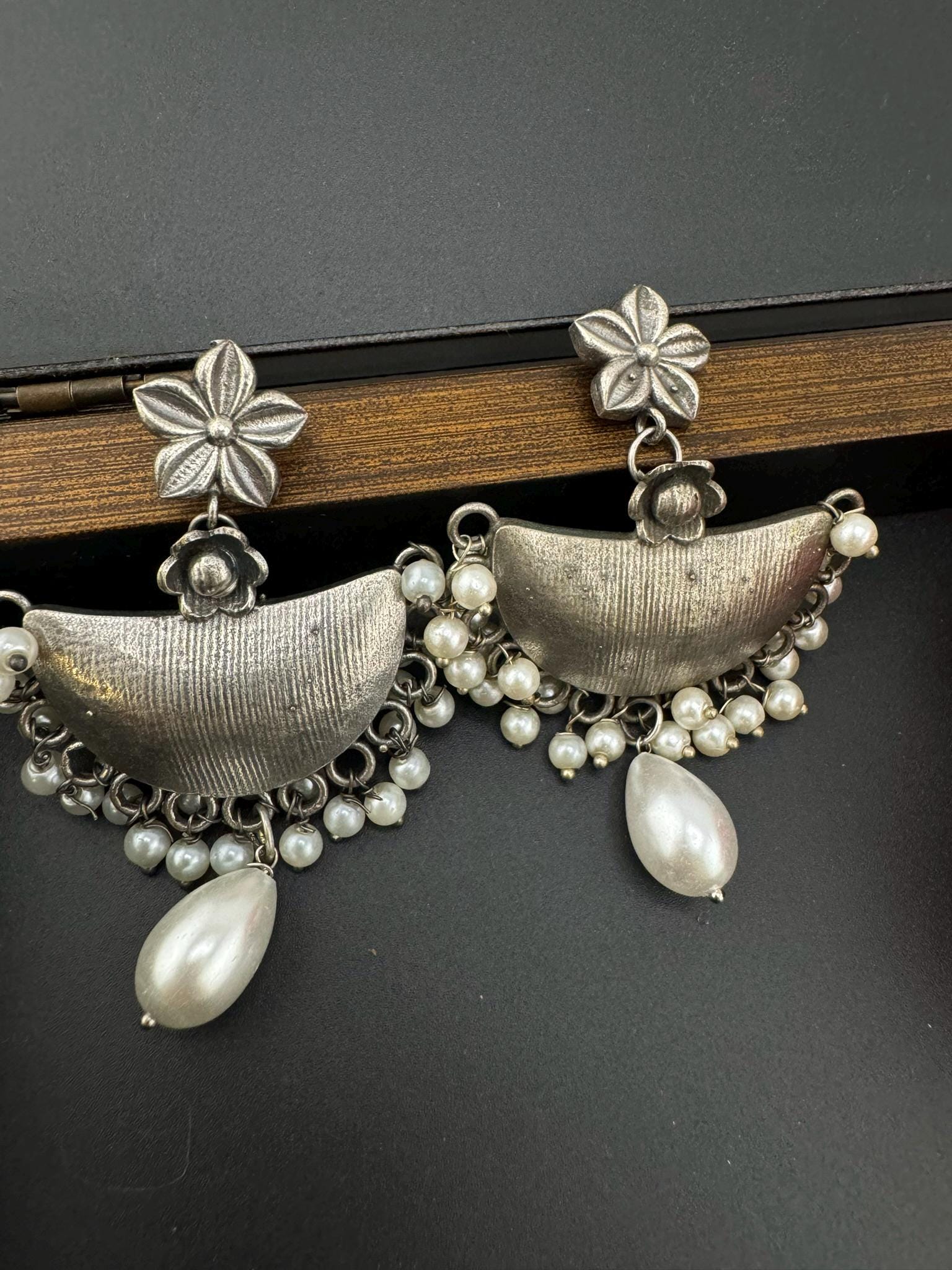 German silver oxidized Earrings with pearls and stones