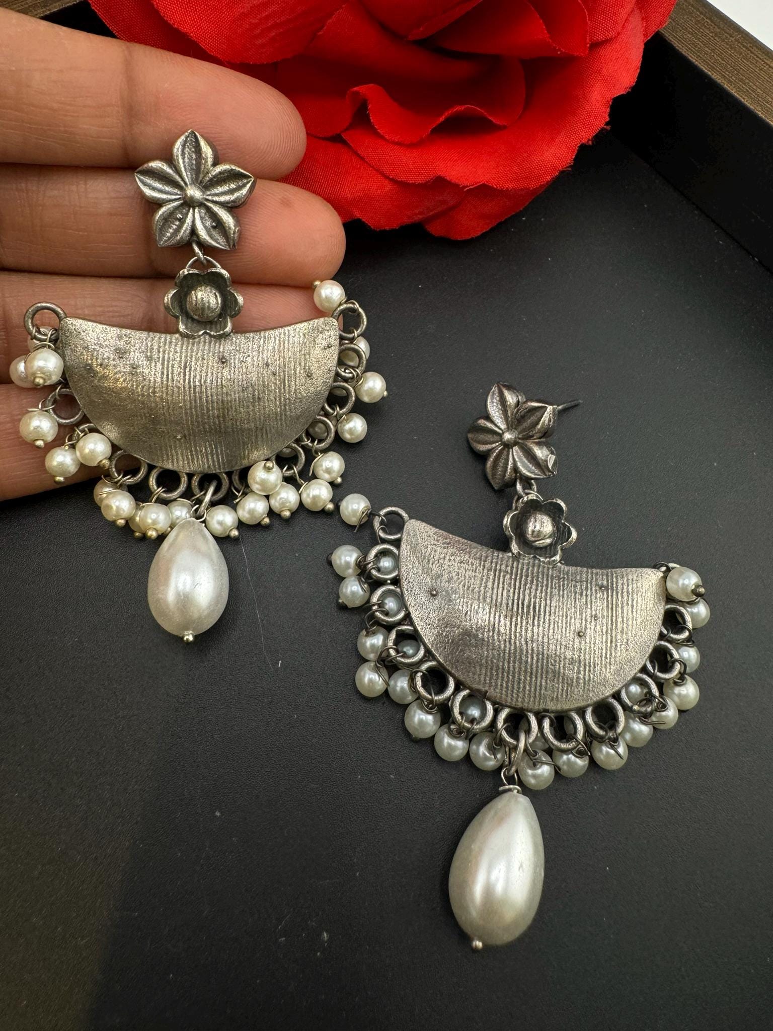 German silver oxidized Earrings with pearls and stones