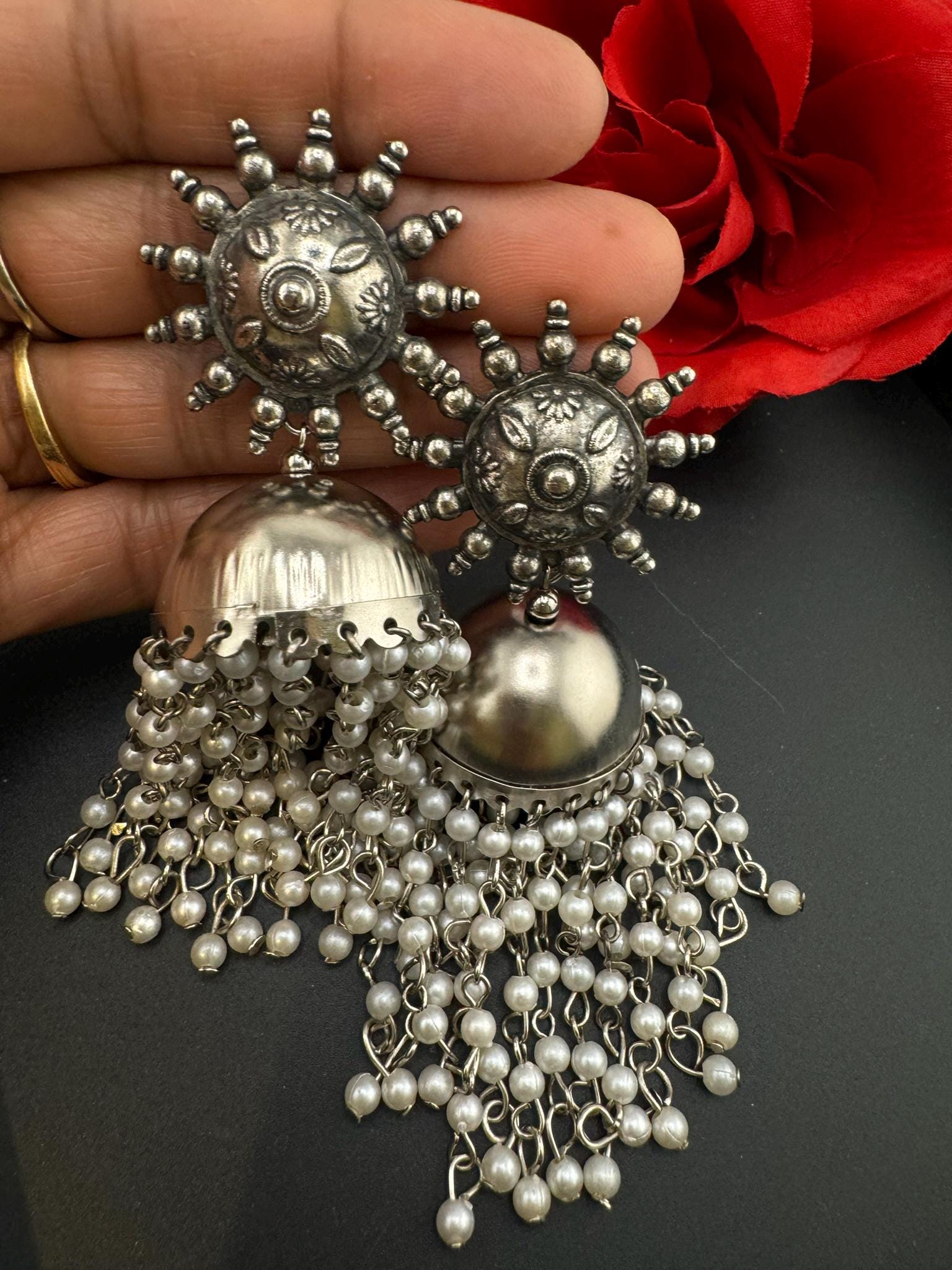 German silver oxidized Earrings with pearls and stones