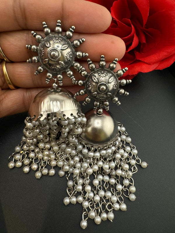 German silver oxidized Earrings with pearls and stones