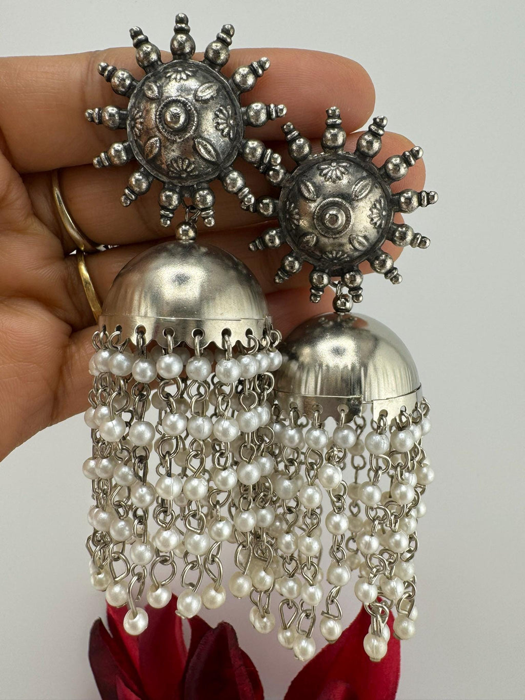 German silver oxidized Earrings with pearls and stones
