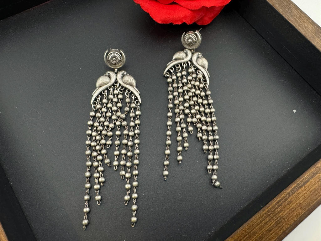 Peacock German Silver oxidized silver long earring with Tassel