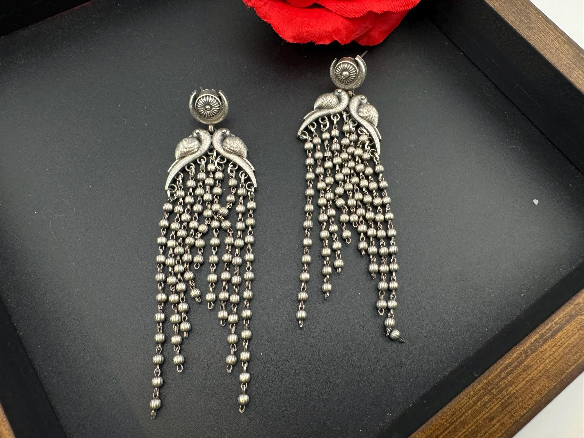 Peacock German Silver oxidized silver long earring with Tassel