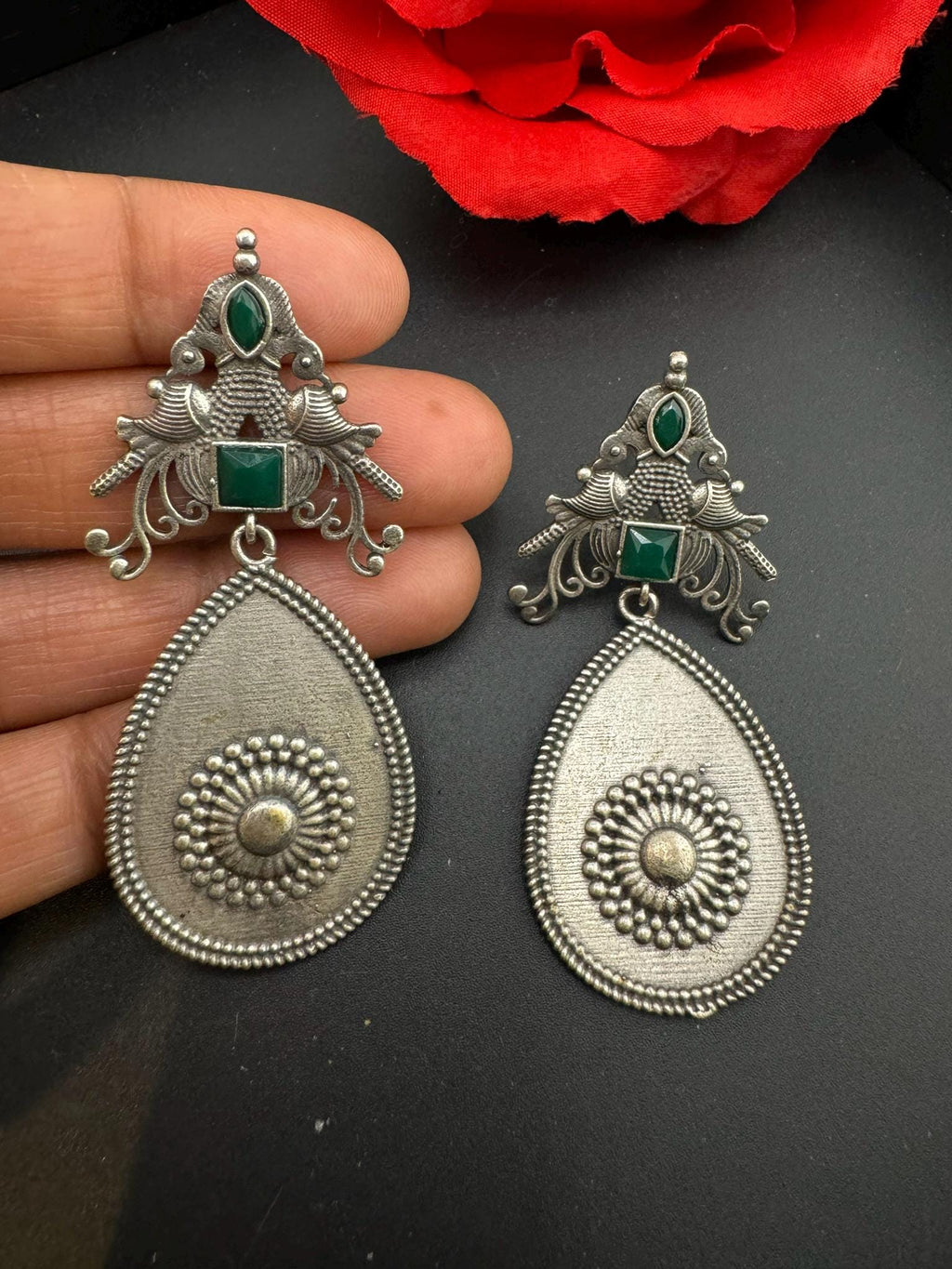 Oxidized German silver long Drop earrings with stones