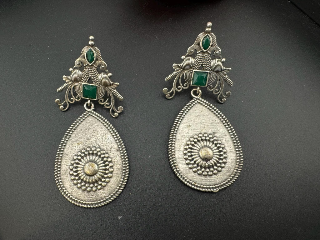 Oxidized German silver long Drop earrings with stones