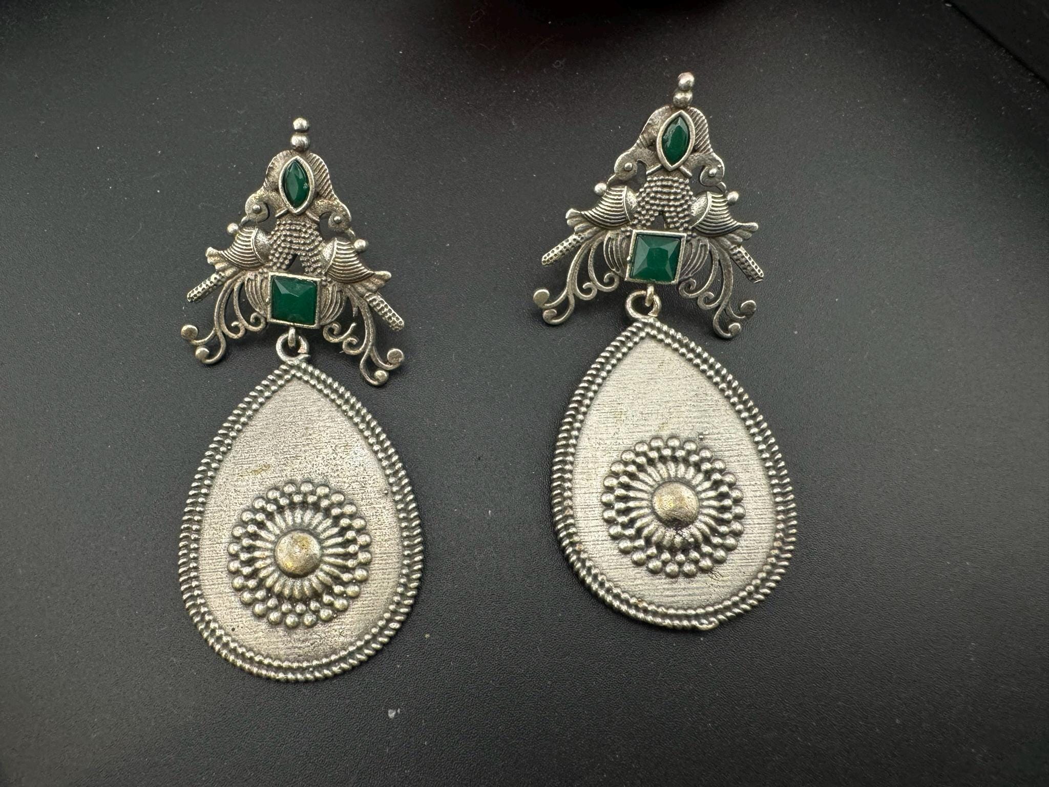 Oxidized German silver long Drop earrings with stones