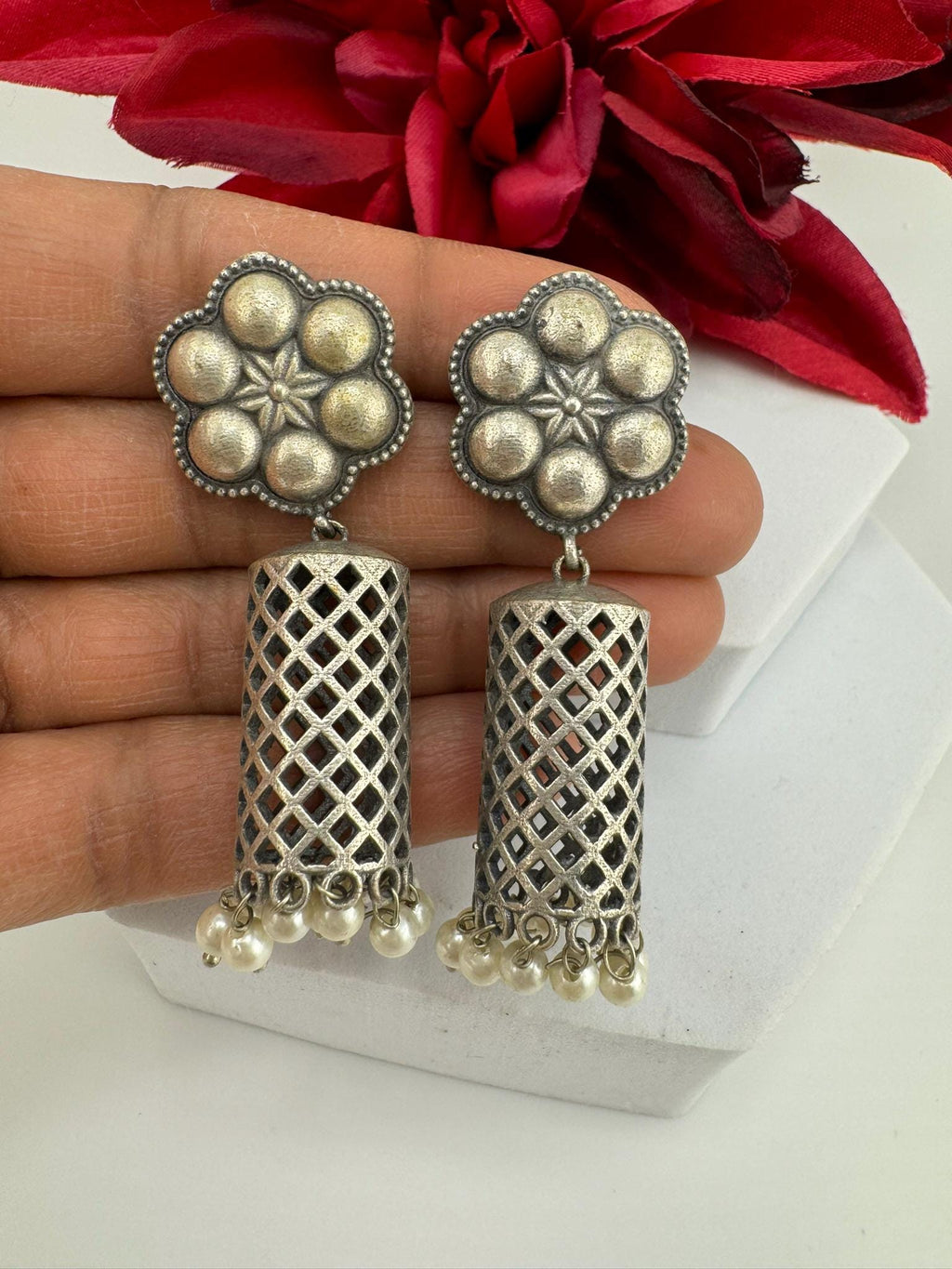 Oxidized German silver long Drum mesh earrings
