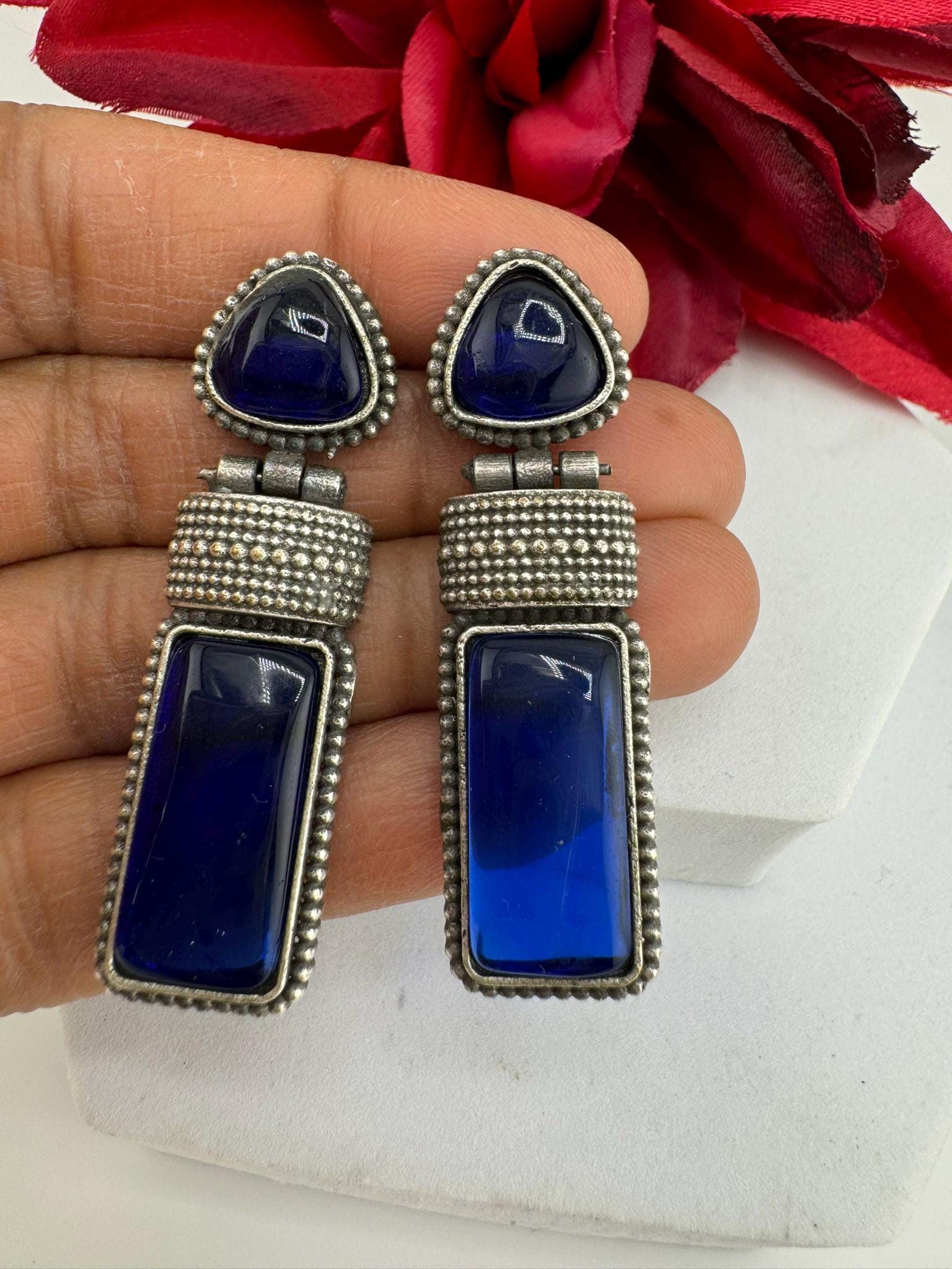 Oxidized German silver blue long earring/Oxidized silver earring/Statement Earring/Boho Earring/everyday Indian jewelry/Ethnic Earring