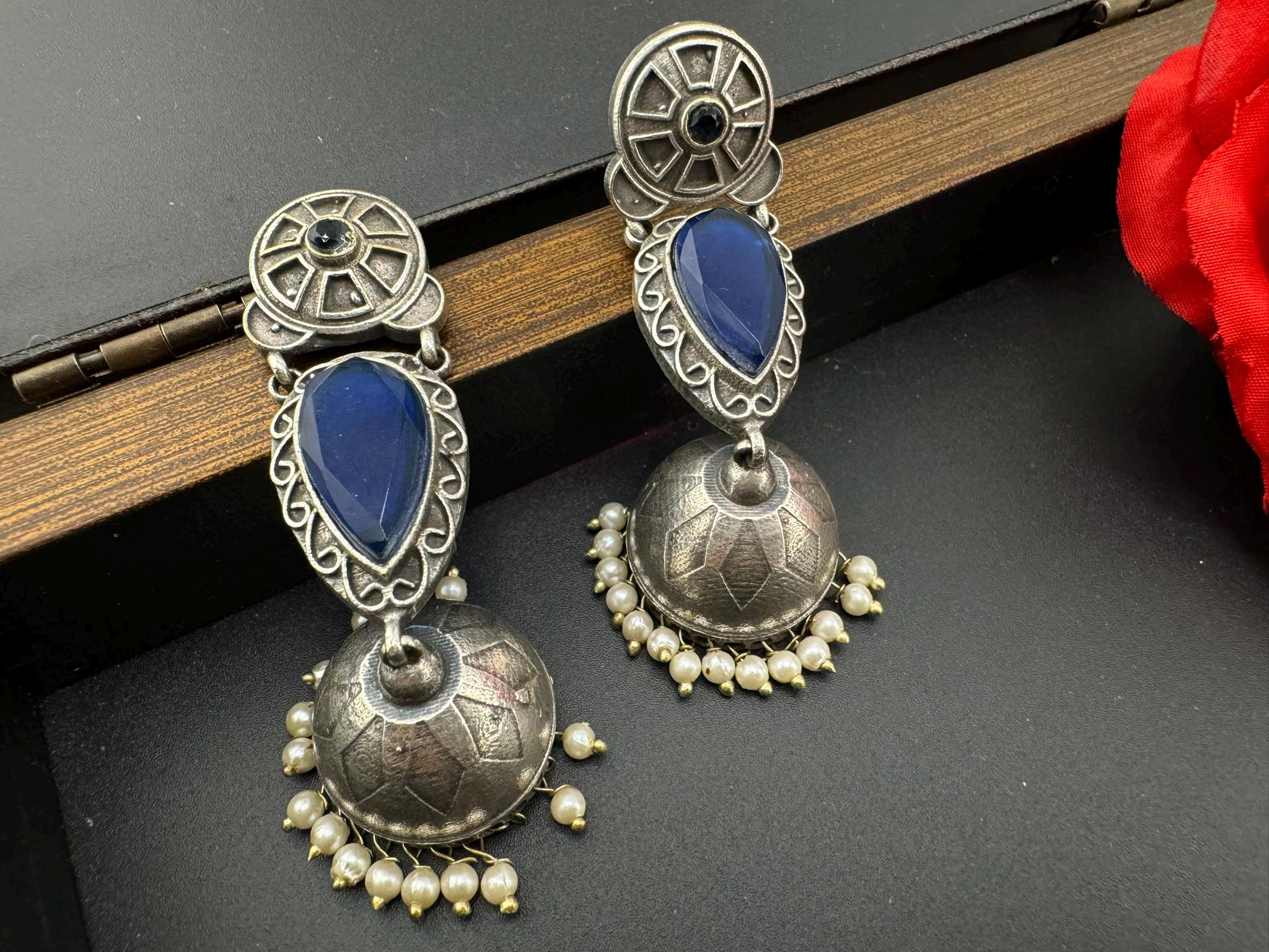 Oxidized German silver long jhumka earring/Oxidized silver earring/Statement Earring/Boho Earring/everyday Indian jewelry/Ethnic Earring