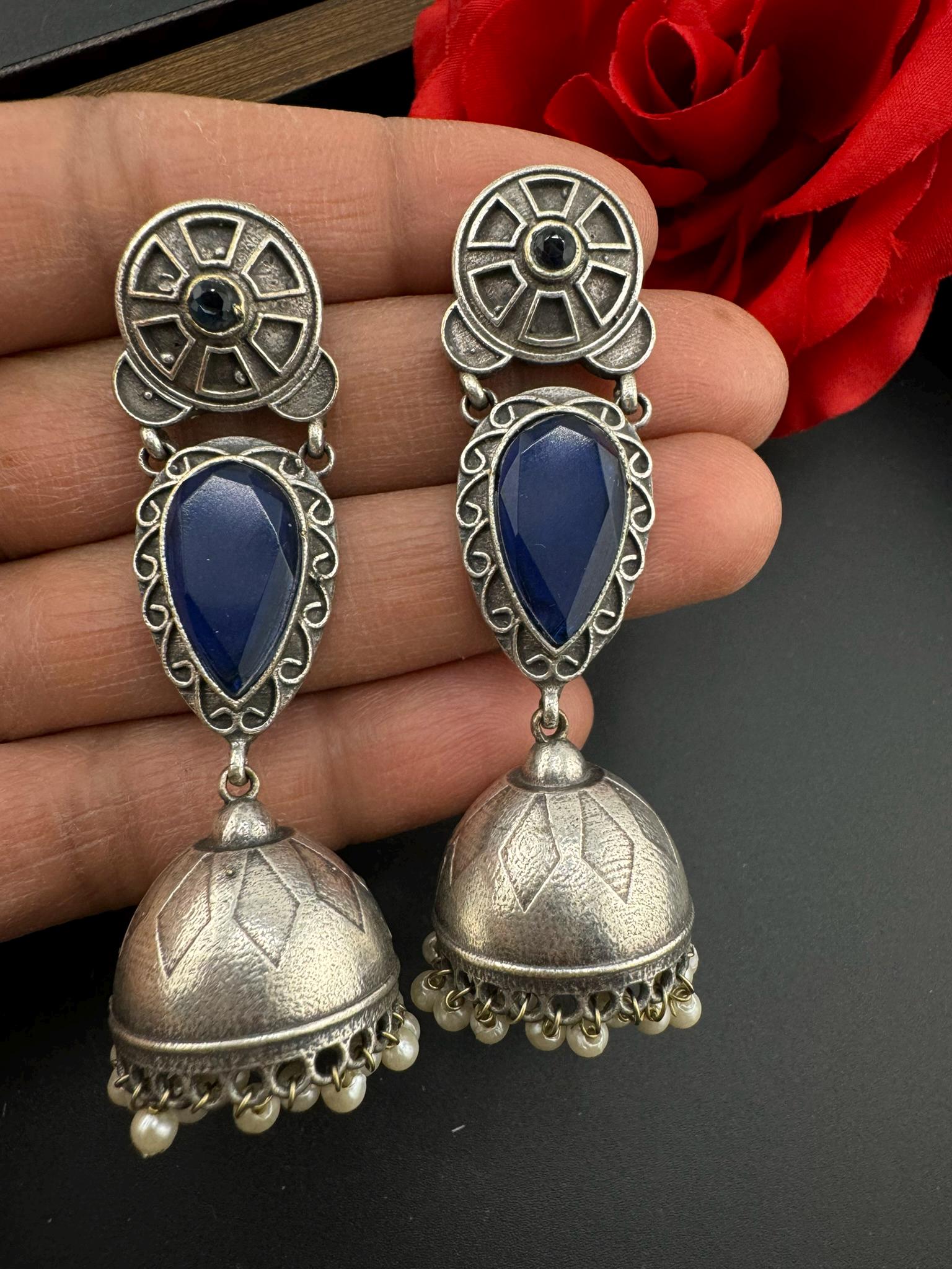 Oxidized German silver long jhumka earring/Oxidized silver earring/Statement Earring/Boho Earring/everyday Indian jewelry/Ethnic Earring