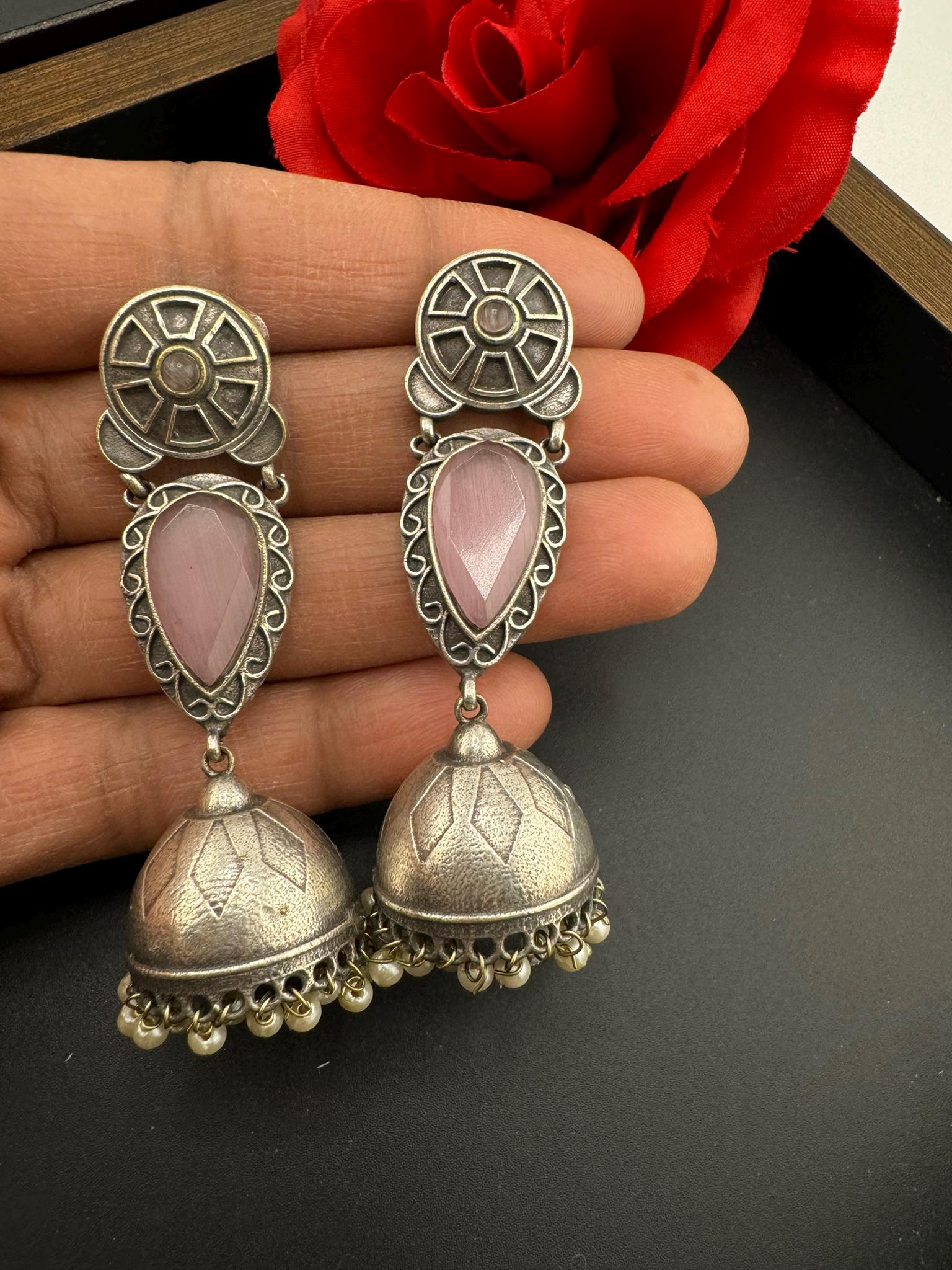 Oxidized German silver long jhumka earring/Oxidized silver earring/Statement Earring/Boho Earring/everyday Indian jewelry/Ethnic Earring