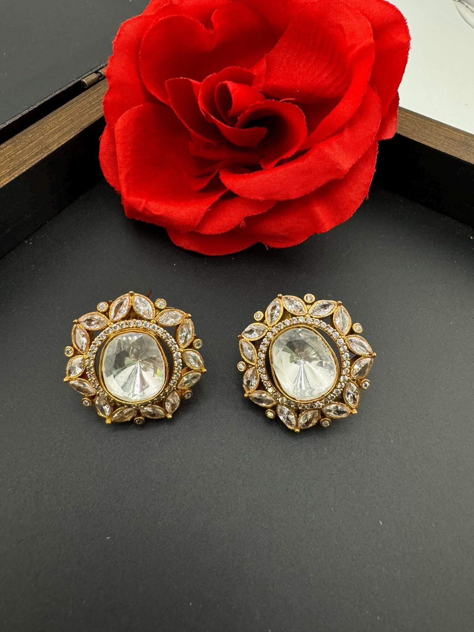 Sabyasachi inspired Designer Premium Uncut Kundan and cubic zirconia Stud earrings