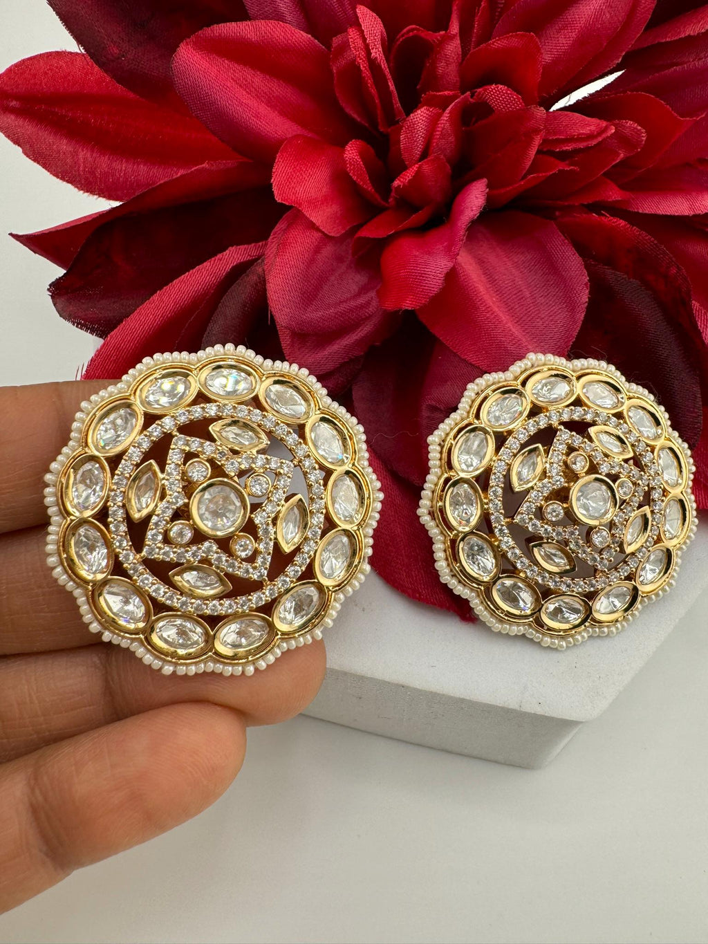 Tyaani inspired Designer Premium Moissanite Kundan and CZ  Big studs earrings