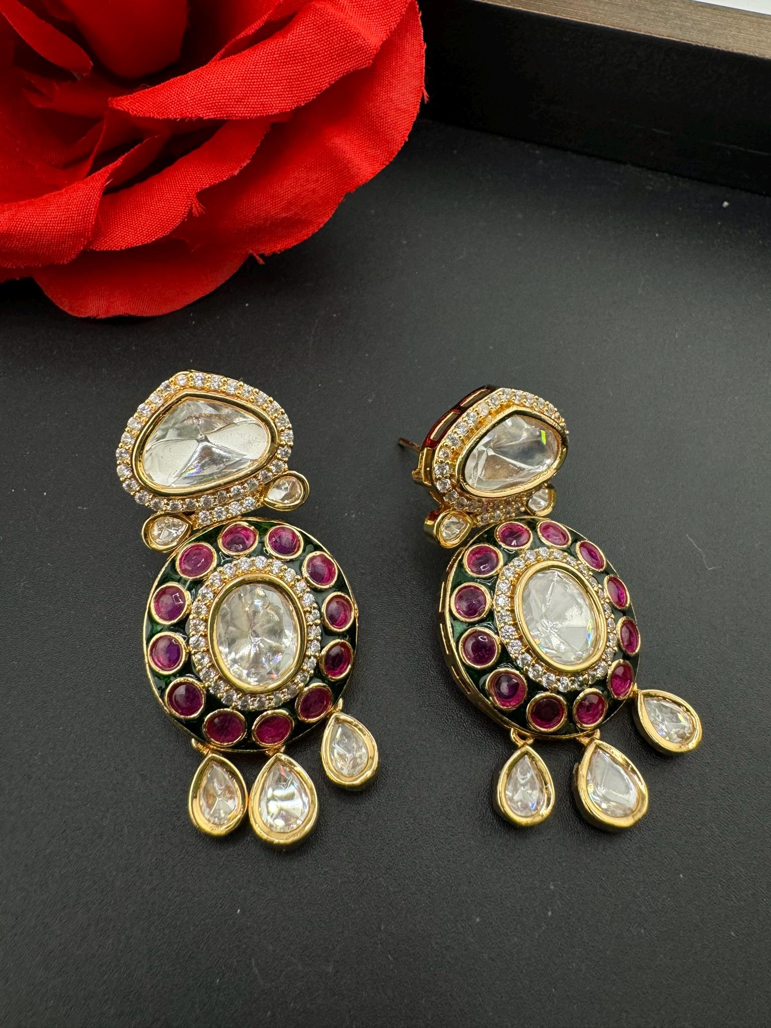 Amrapali inspired Premium Uncut Moissanite kundan with pachi kundan, CZ, Italian Minakari designer earrings