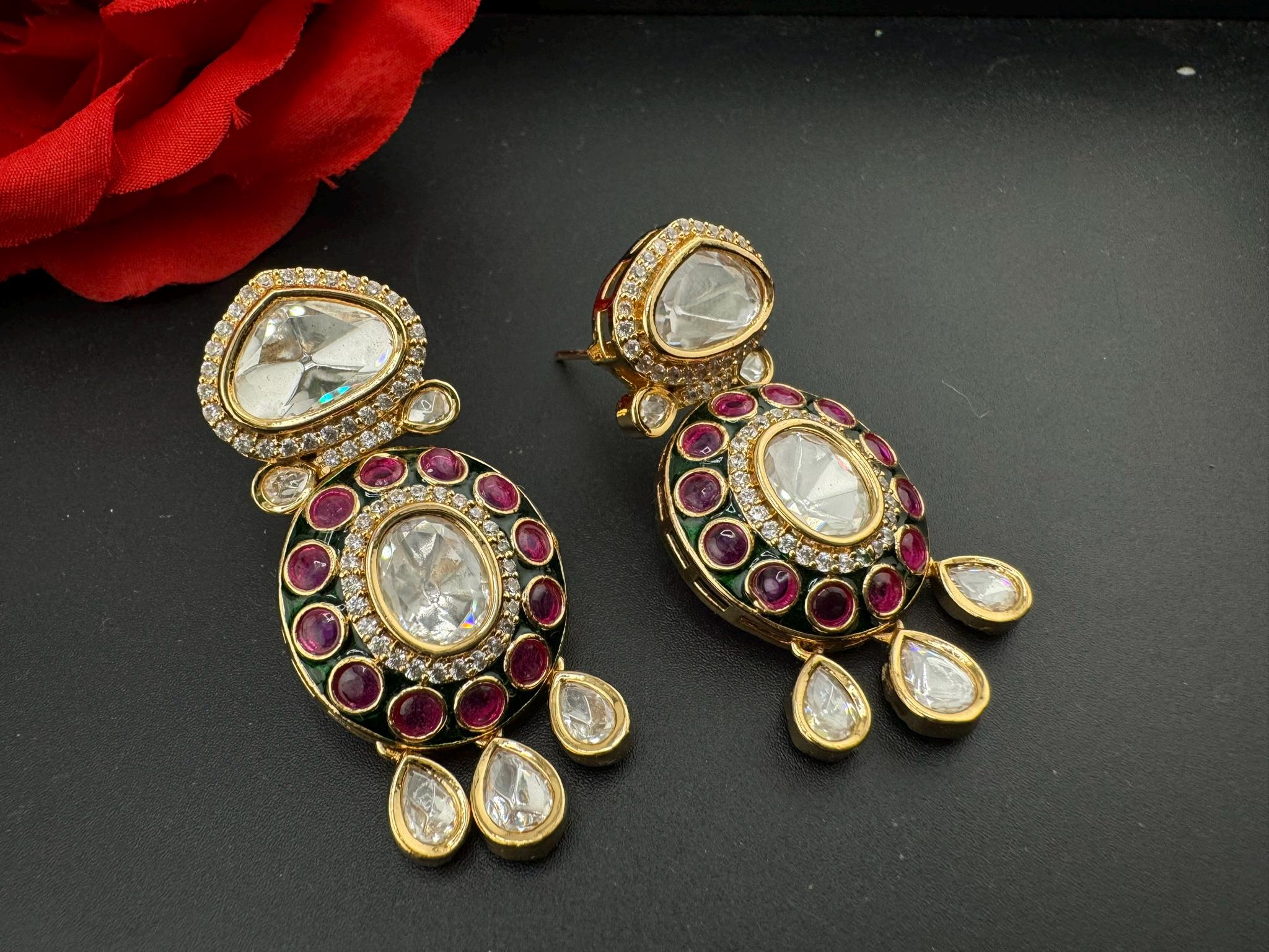 Amrapali inspired Premium Uncut Moissanite kundan with pachi kundan, CZ, Italian Minakari designer earrings