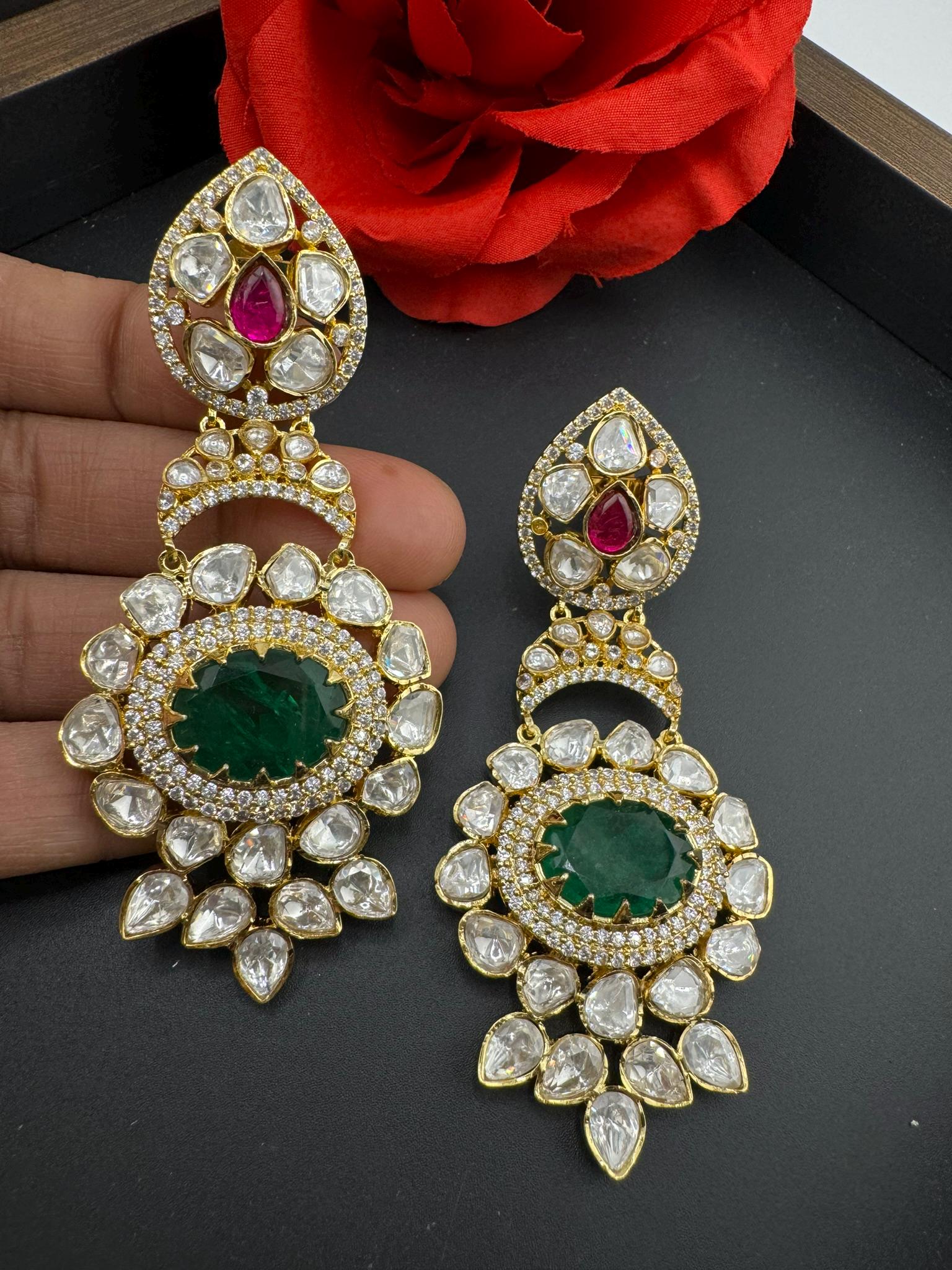 Premium Designer Uncut Kundan with Doublet stone and CZ details long earrings