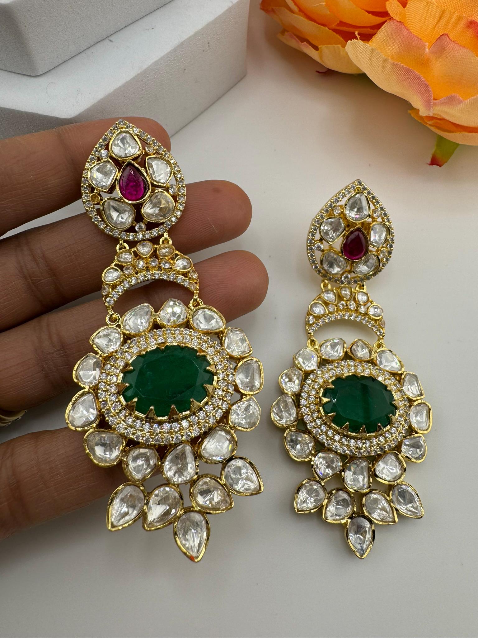 Premium Designer Uncut Kundan with Doublet stone and CZ details long earrings